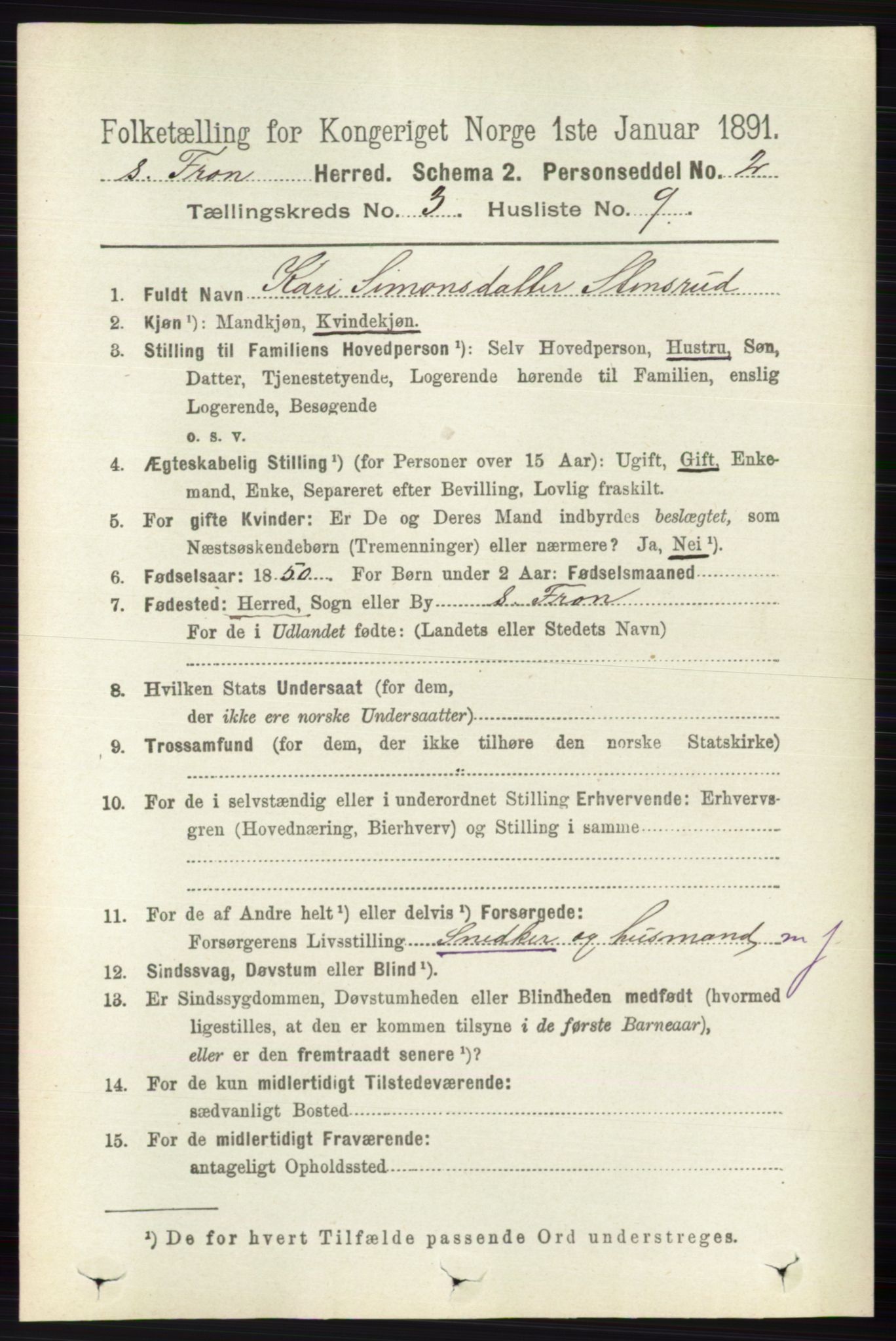 RA, 1891 census for 0519 Sør-Fron, 1891, p. 1011