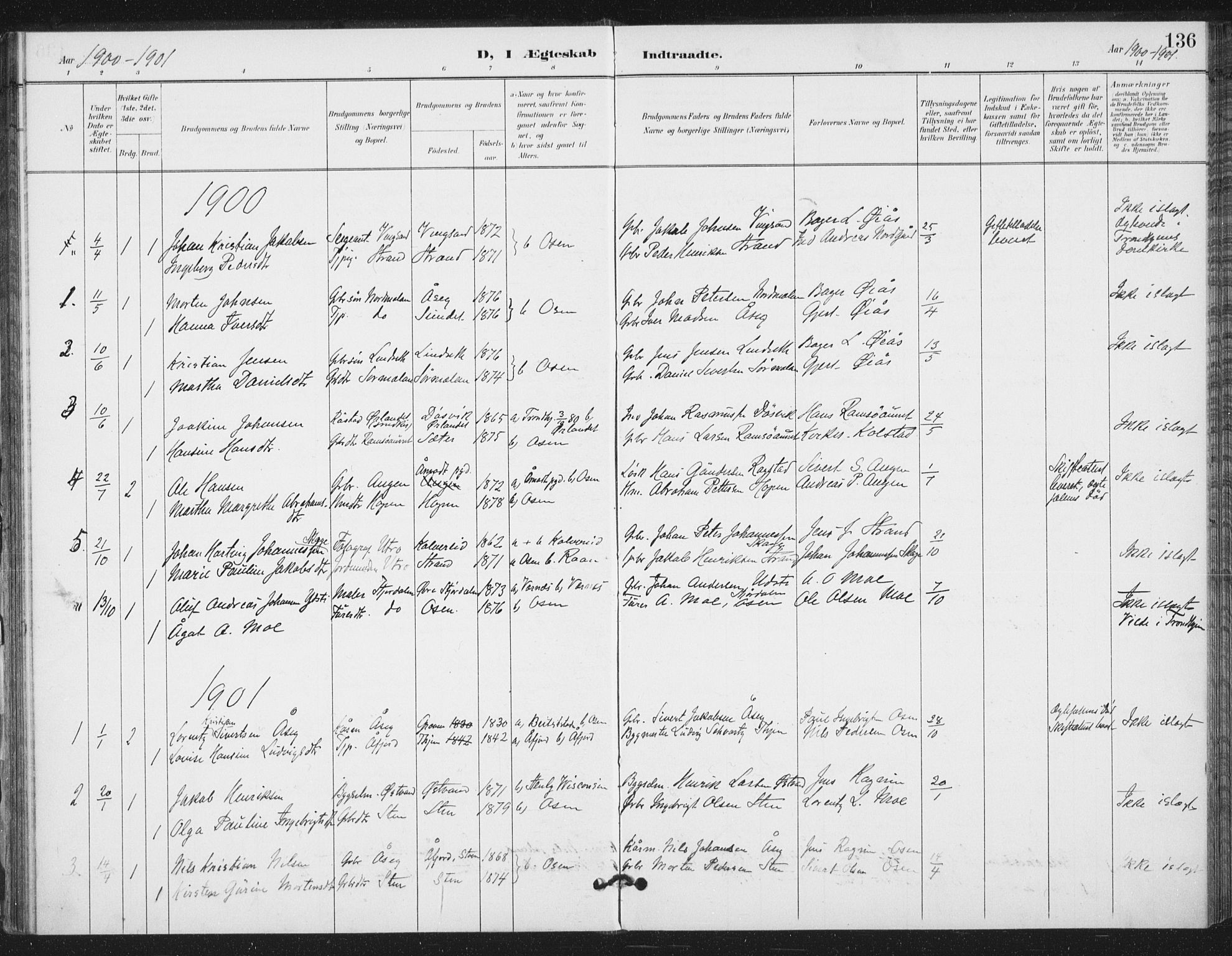 Ministerialprotokoller, klokkerbøker og fødselsregistre - Sør-Trøndelag, SAT/A-1456/658/L0723: Parish register (official) no. 658A02, 1897-1912, p. 136