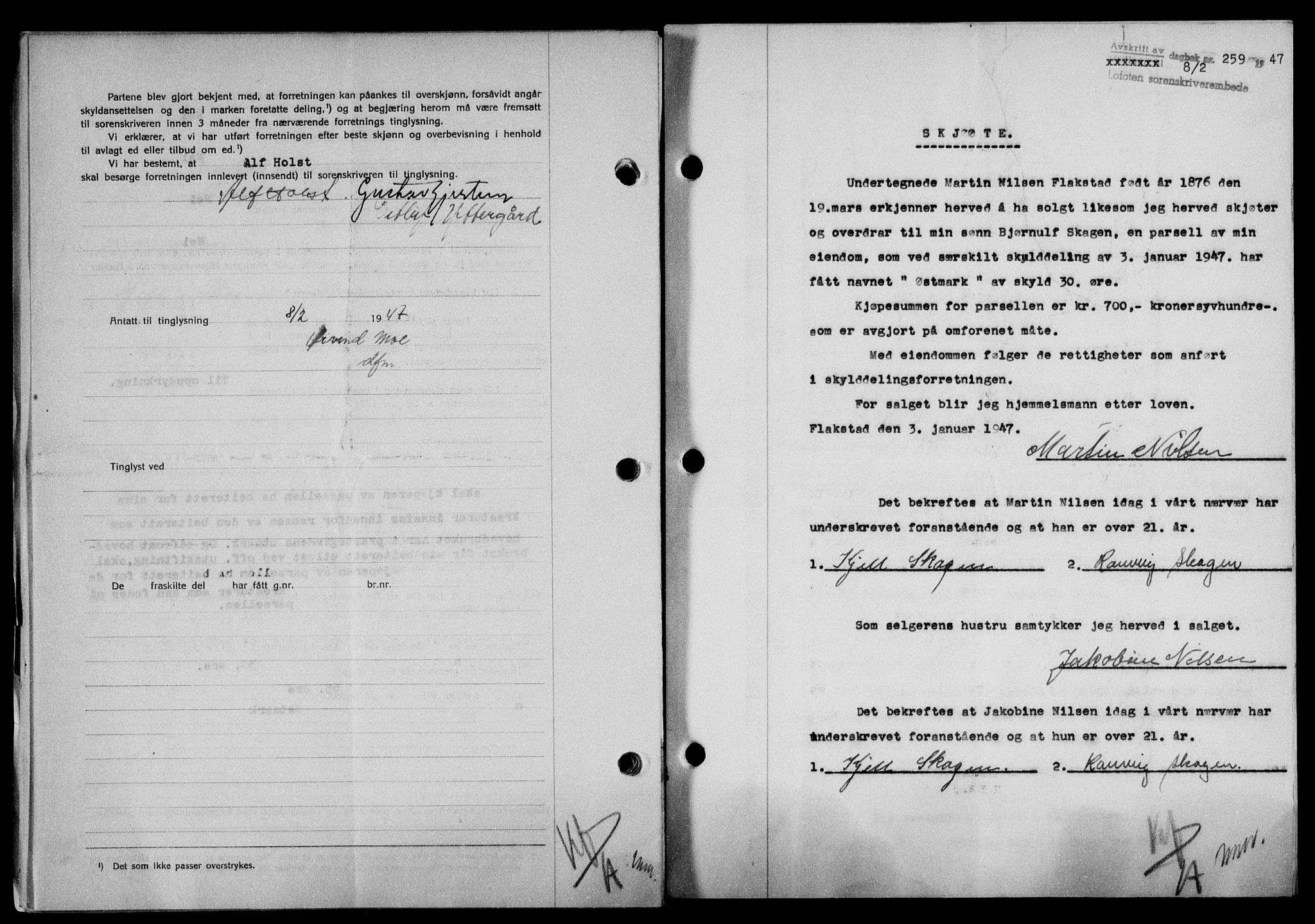 Lofoten sorenskriveri, SAT/A-0017/1/2/2C/L0015a: Mortgage book no. 15a, 1946-1947, Diary no: : 259/1947