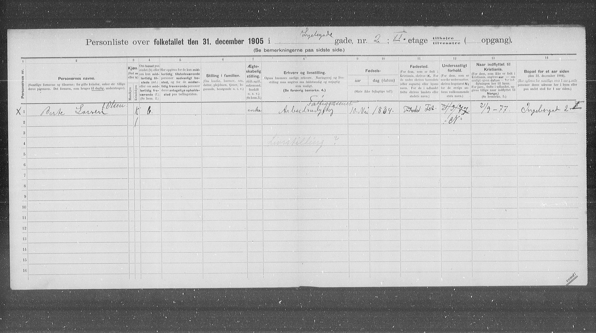 OBA, Municipal Census 1905 for Kristiania, 1905, p. 23037