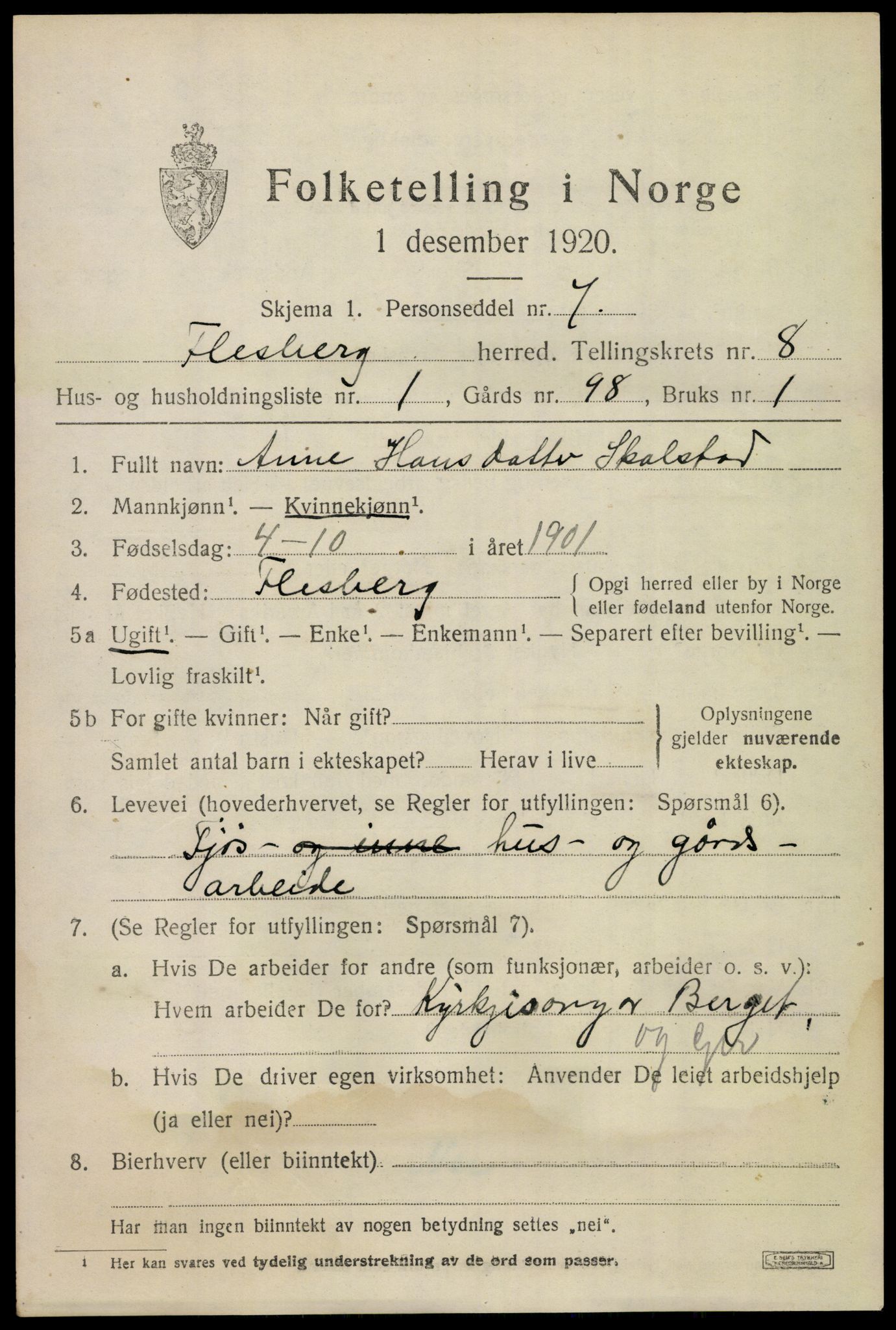 SAKO, 1920 census for Flesberg, 1920, p. 3063