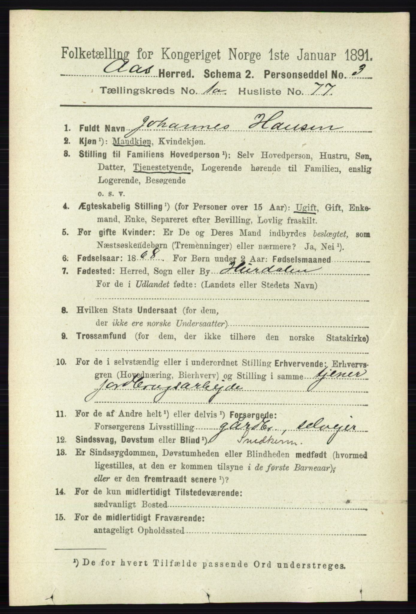 RA, 1891 census for 0214 Ås, 1891, p. 598