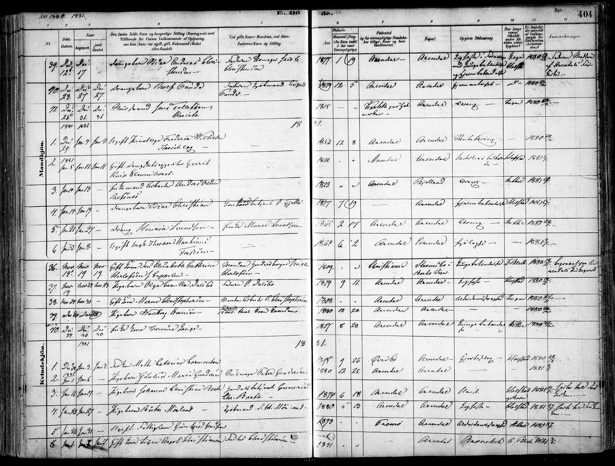 Arendal sokneprestkontor, Trefoldighet, SAK/1111-0040/F/Fa/L0008: Parish register (official) no. A 8, 1878-1899, p. 404