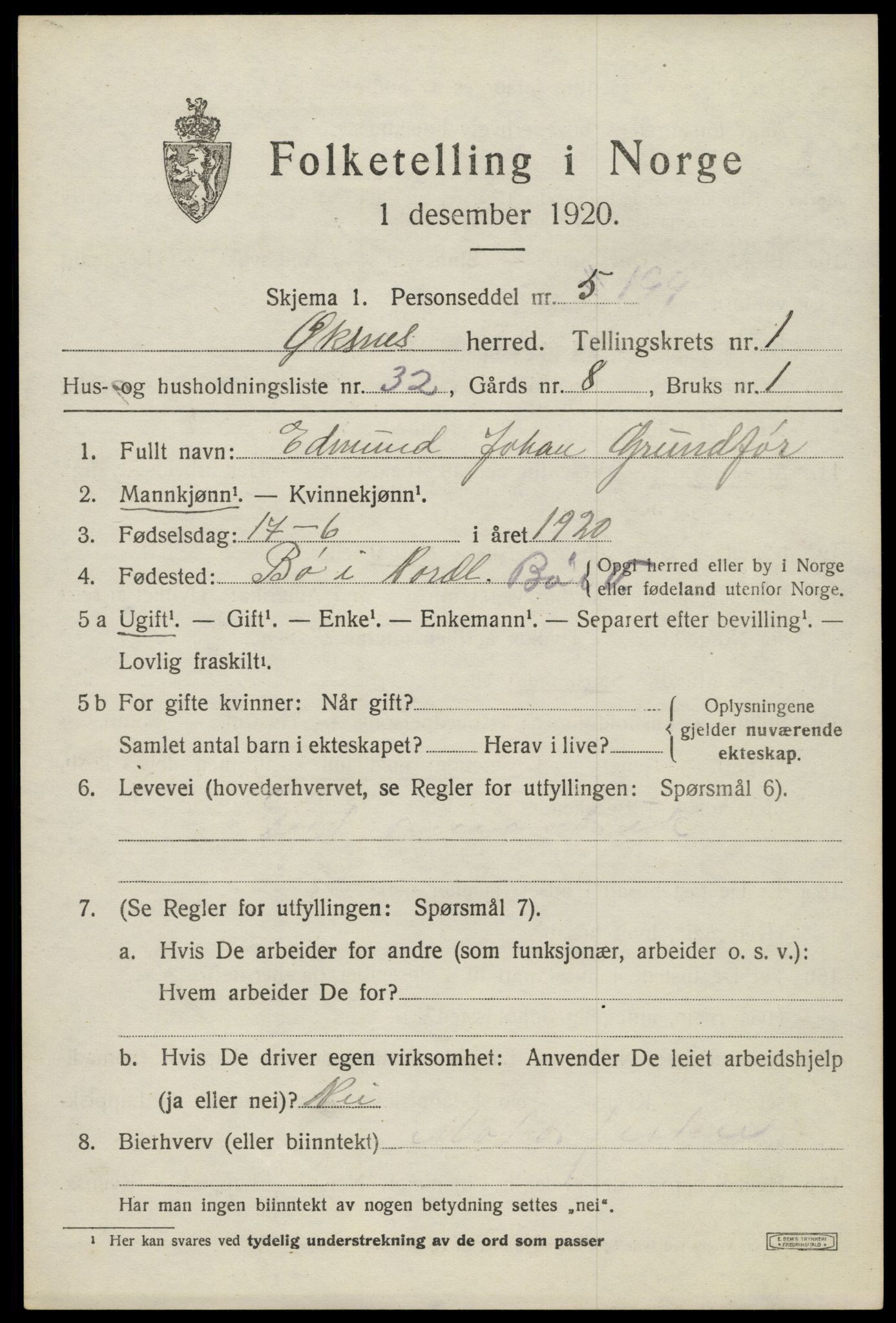 SAT, 1920 census for Øksnes, 1920, p. 1142