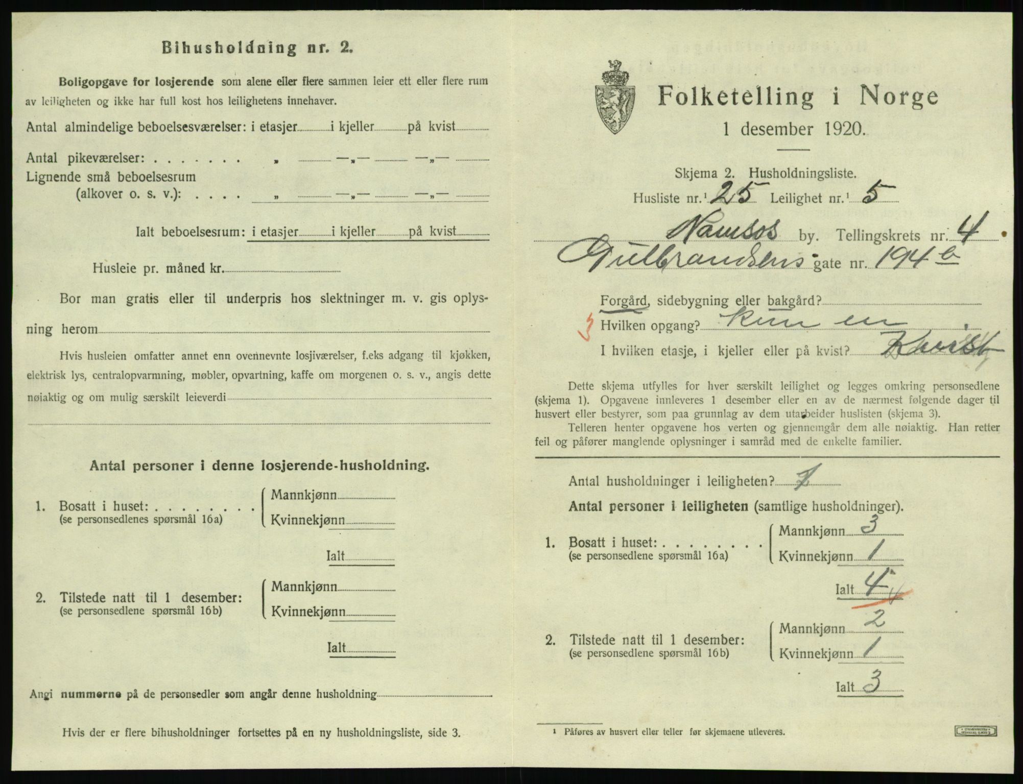 SAT, 1920 census for Namsos, 1920, p. 1493