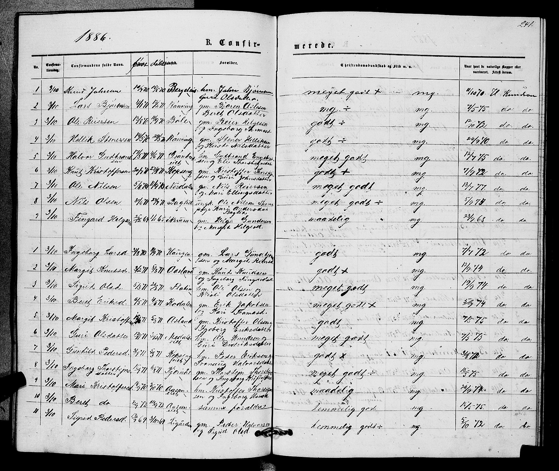 Sigdal kirkebøker, SAKO/A-245/G/Gb/L0002: Parish register (copy) no. II 2, 1875-1900, p. 241