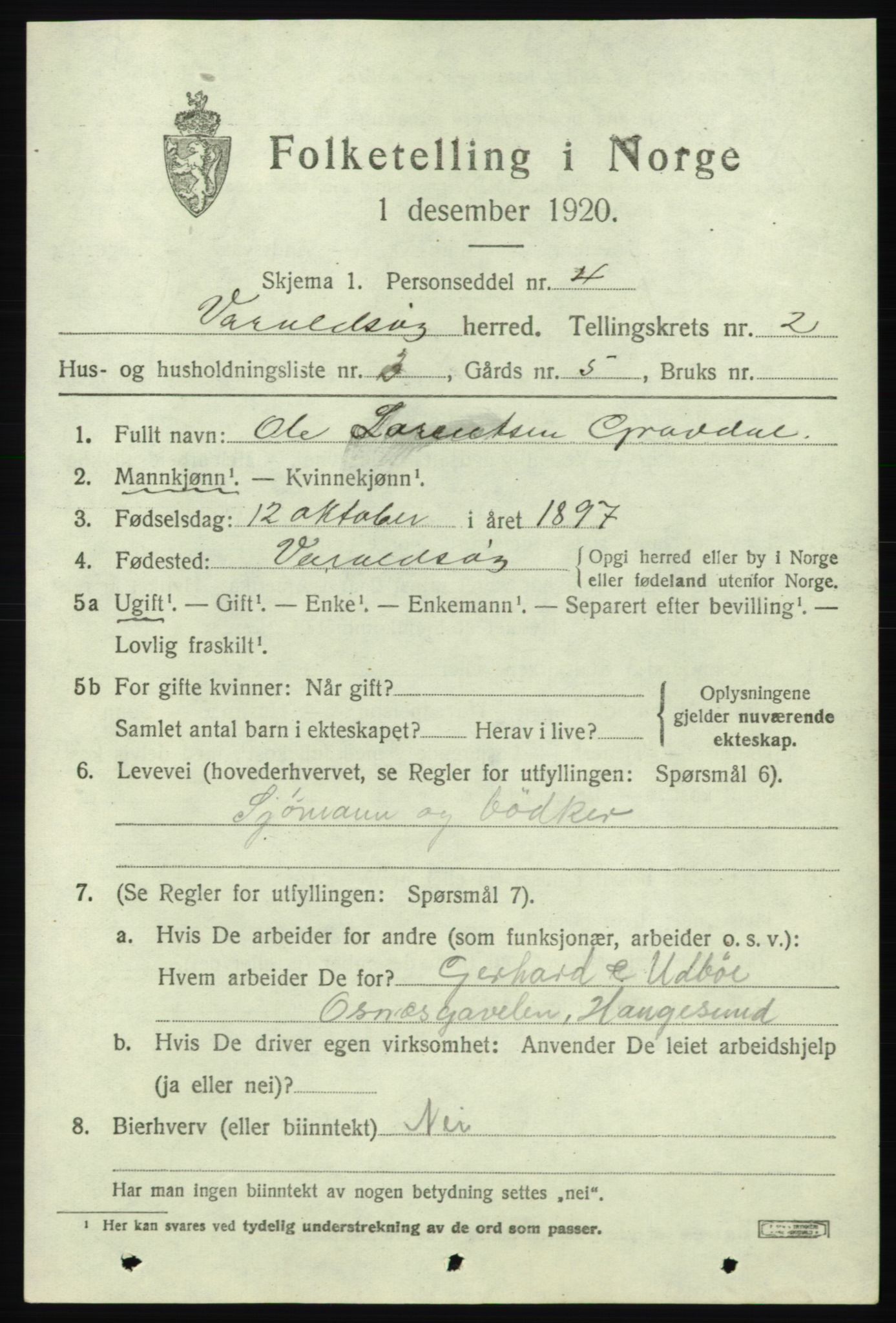 SAB, 1920 census for Varaldsøy, 1920, p. 769