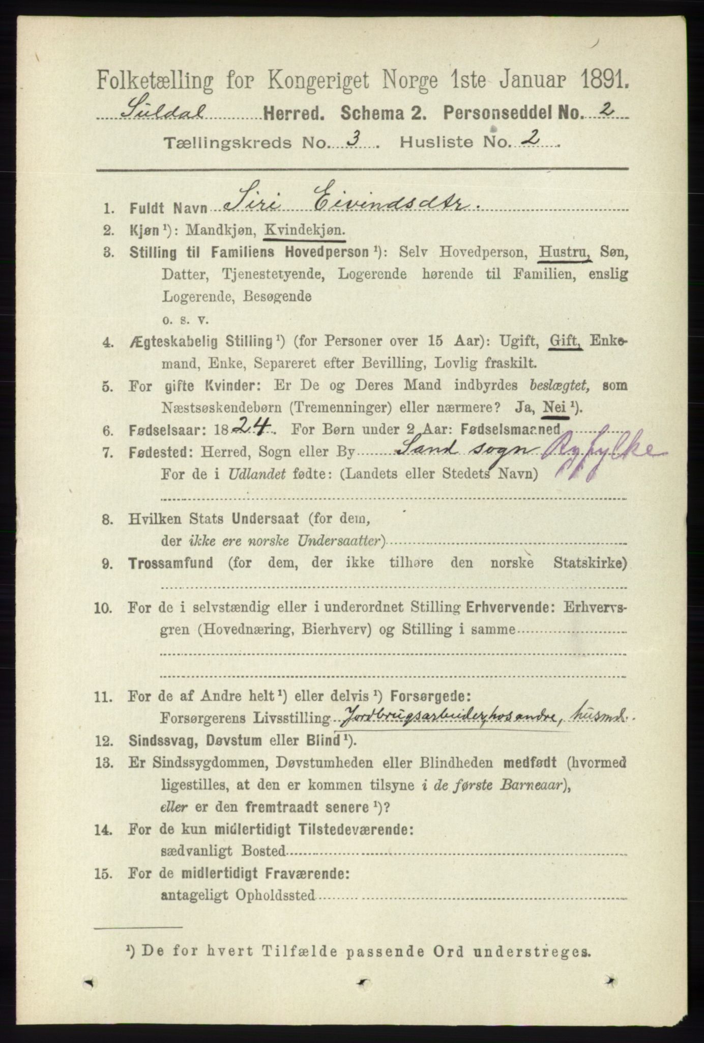 RA, 1891 census for 1134 Suldal, 1891, p. 617