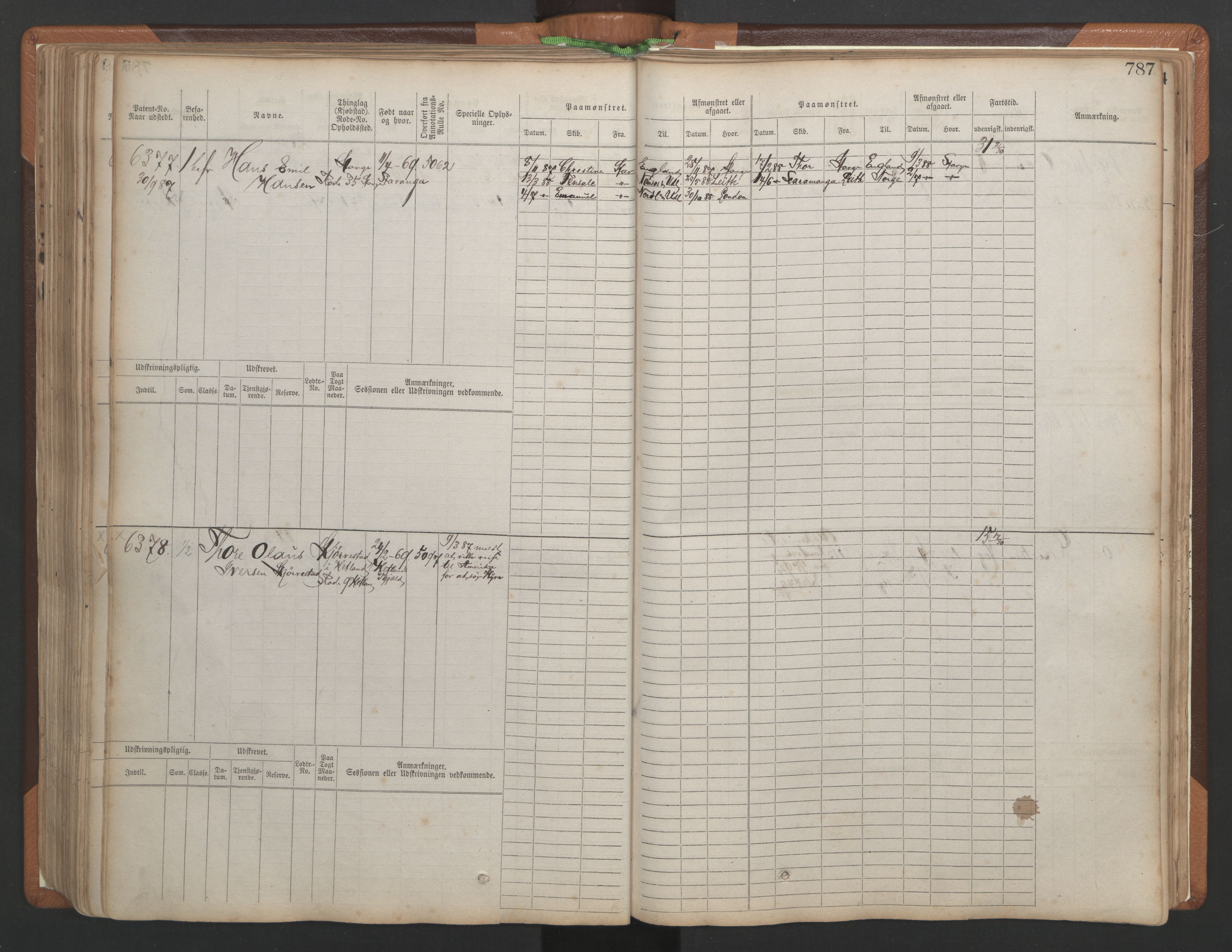 Stavanger sjømannskontor, AV/SAST-A-102006/F/Fb/Fbb/L0010: Sjøfartshovedrulle, patentnr. 6007-6606 (del 1), 1887-1896, p. 191