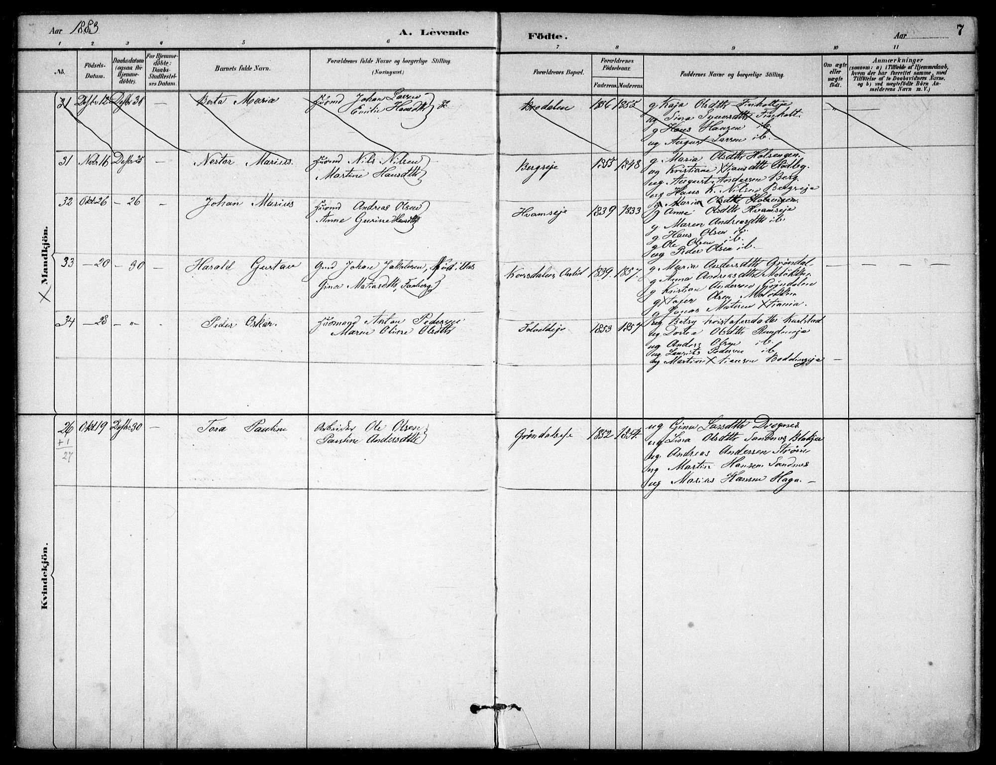 Nes prestekontor Kirkebøker, AV/SAO-A-10410/F/Fc/L0002: Parish register (official) no. IIi 2, 1882-1916, p. 7