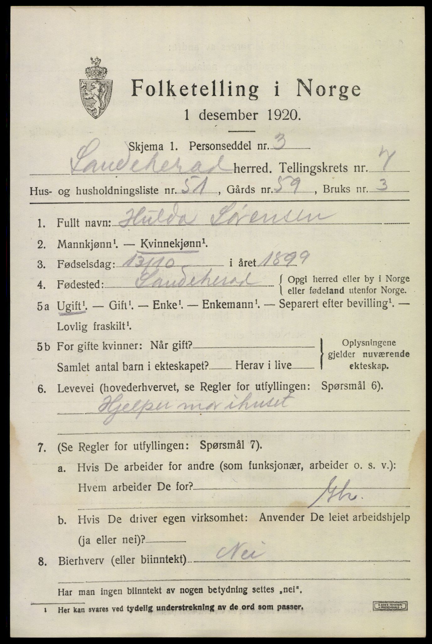 SAKO, 1920 census for Sandeherred, 1920, p. 12538