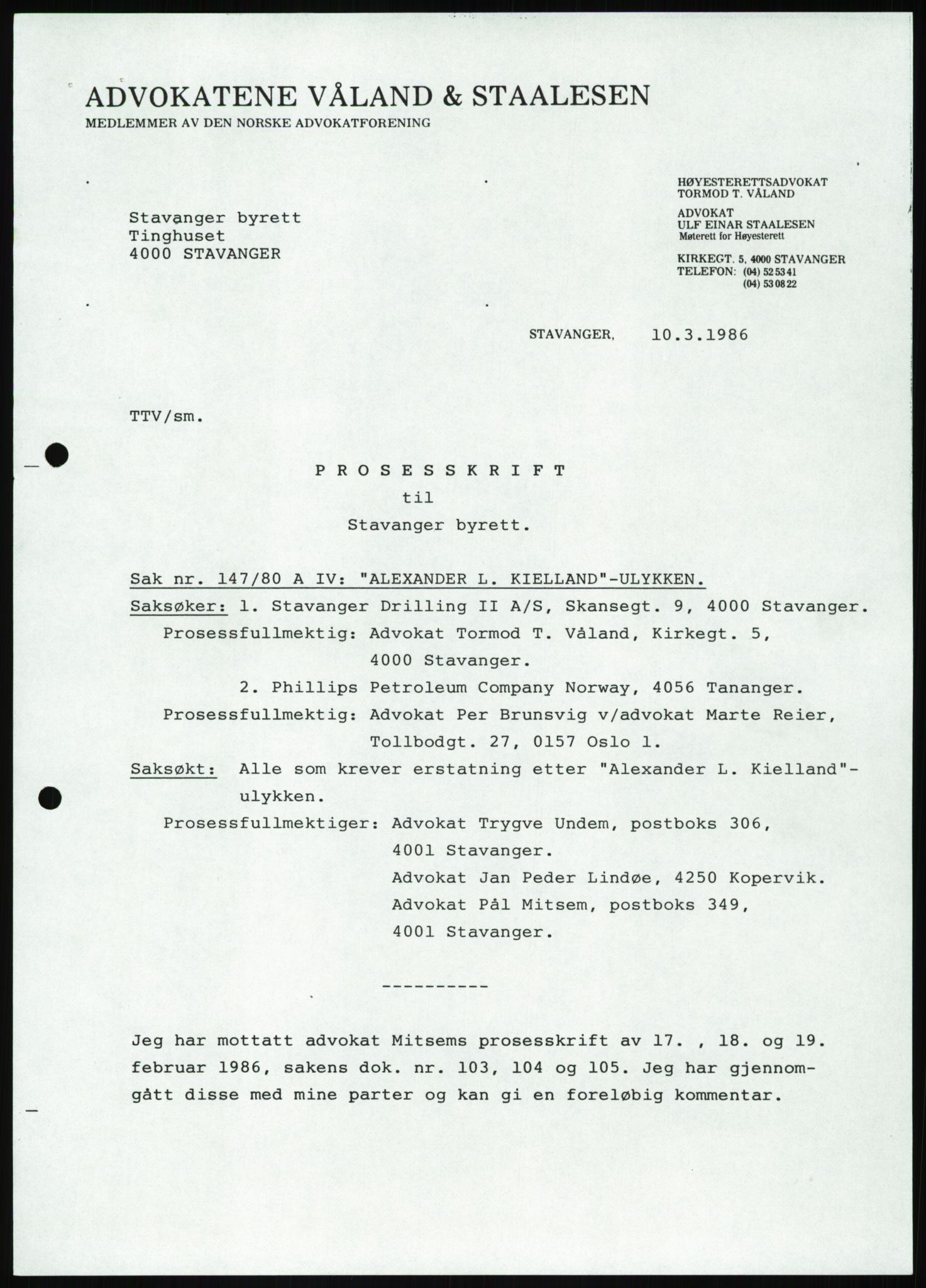 Pa 1503 - Stavanger Drilling AS, AV/SAST-A-101906/Da/L0001: Alexander L. Kielland - Begrensningssak Stavanger byrett, 1986, p. 851