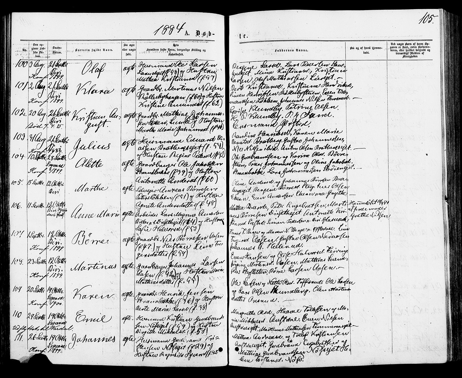 Biri prestekontor, AV/SAH-PREST-096/H/Ha/Haa/L0006: Parish register (official) no. 6, 1877-1886, p. 105