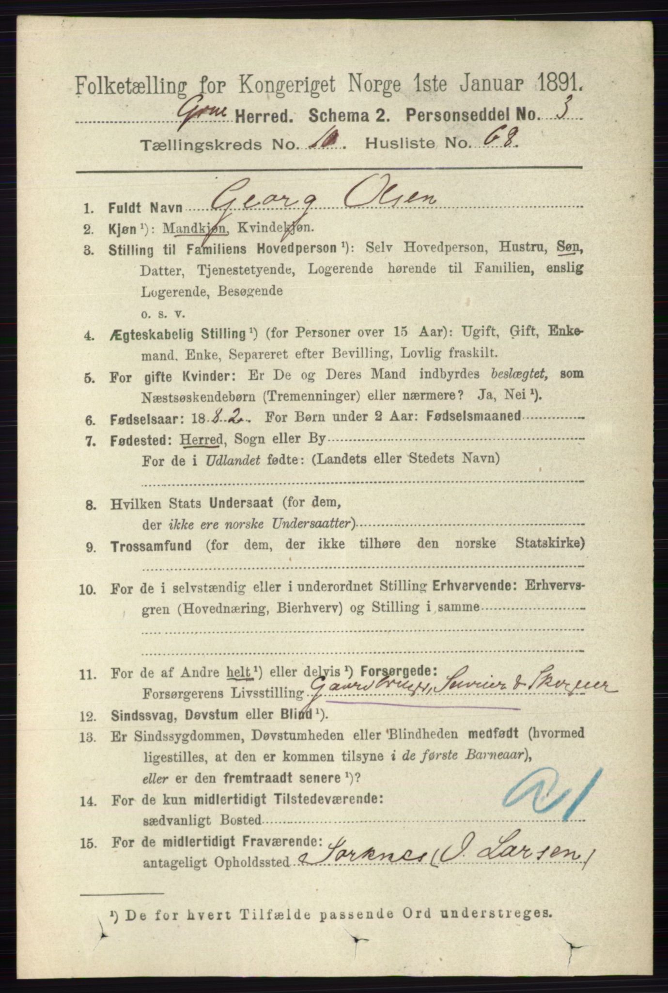 RA, 1891 census for 0423 Grue, 1891, p. 5806