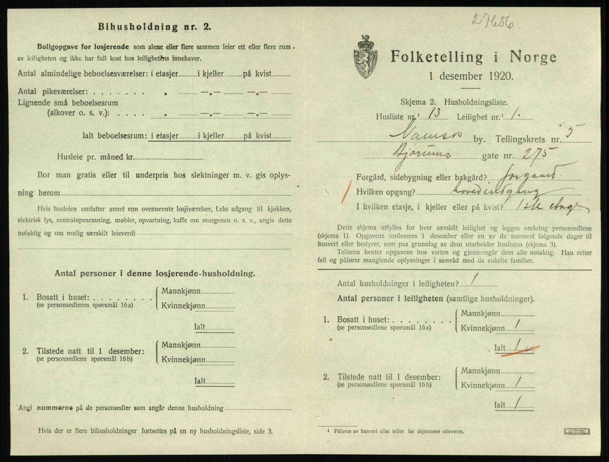 SAT, 1920 census for Namsos, 1920, p. 1645
