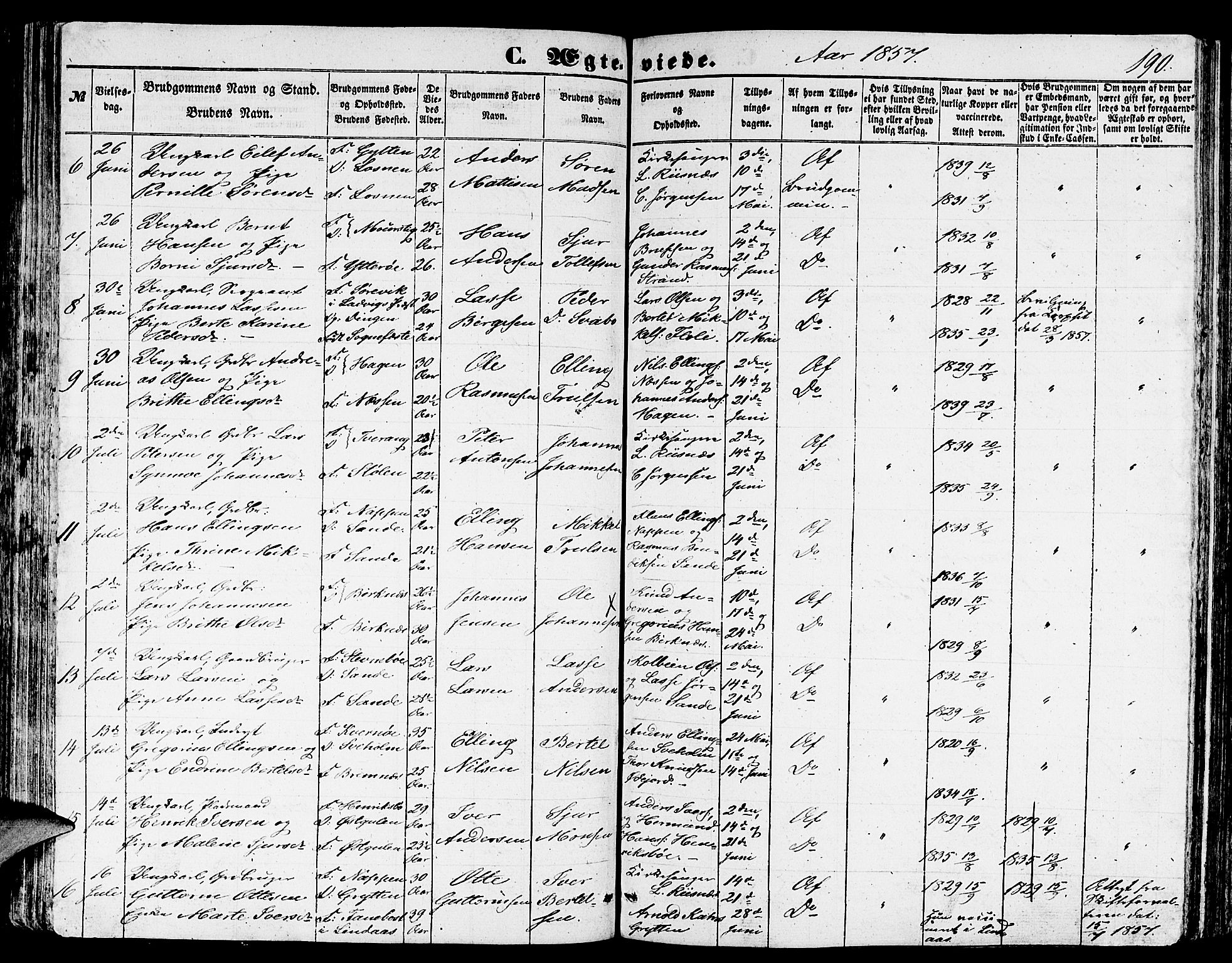 Gulen sokneprestembete, AV/SAB-A-80201/H/Hab/Habb/L0001: Parish register (copy) no. B 1, 1854-1866, p. 190