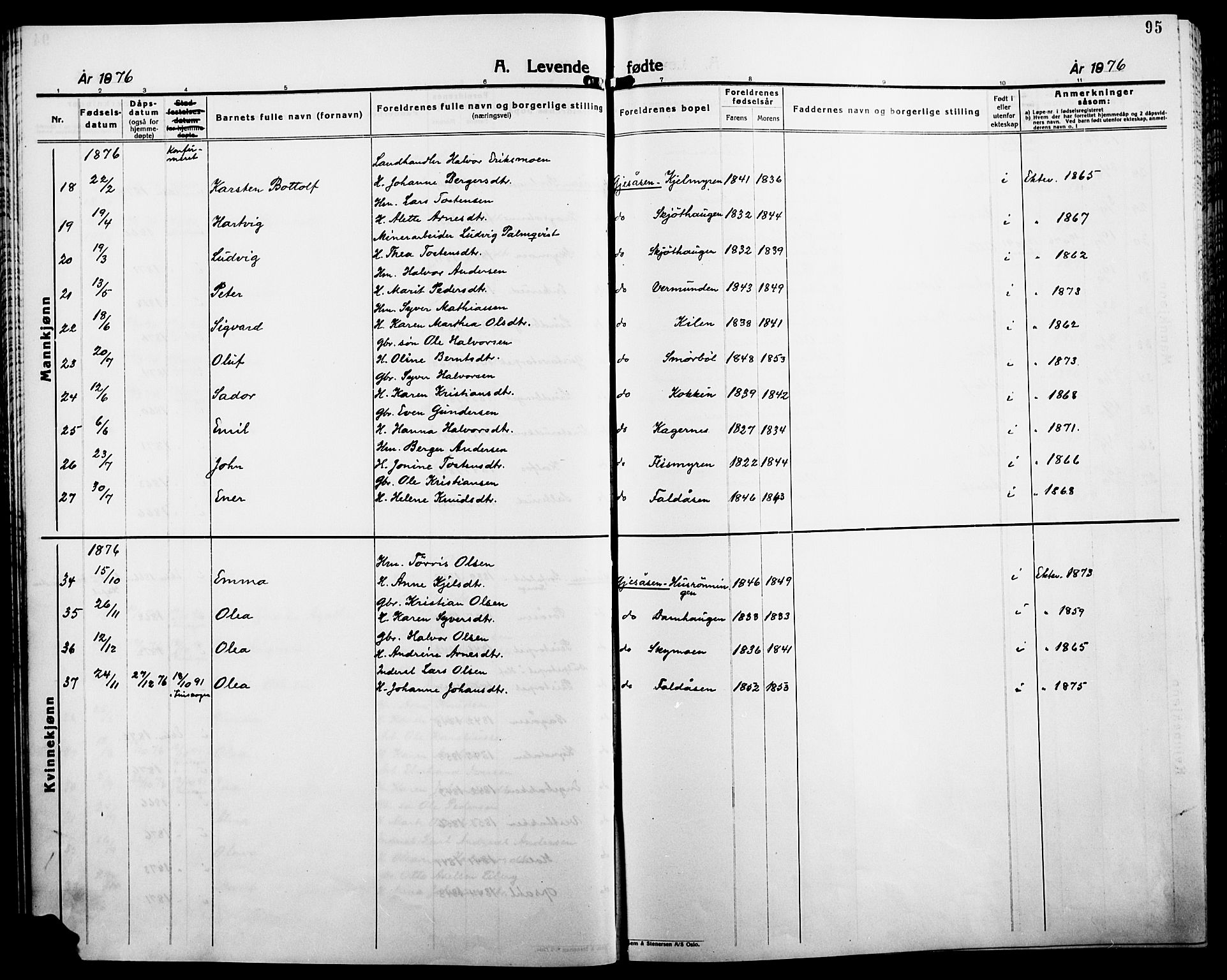 Åsnes prestekontor, AV/SAH-PREST-042/H/Ha/Haa/L0000B: Parish register (official), 1870-1889, p. 95