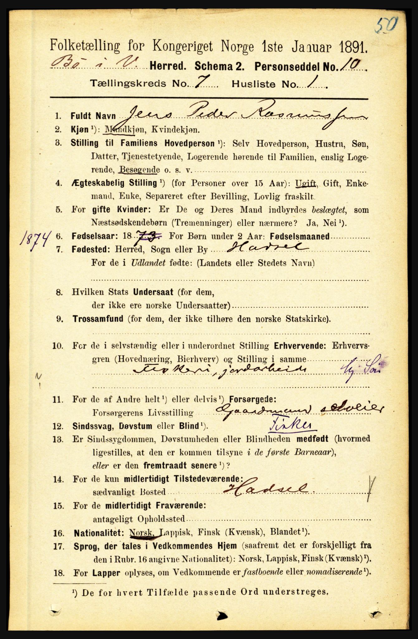 RA, 1891 census for 1867 Bø, 1891, p. 2496