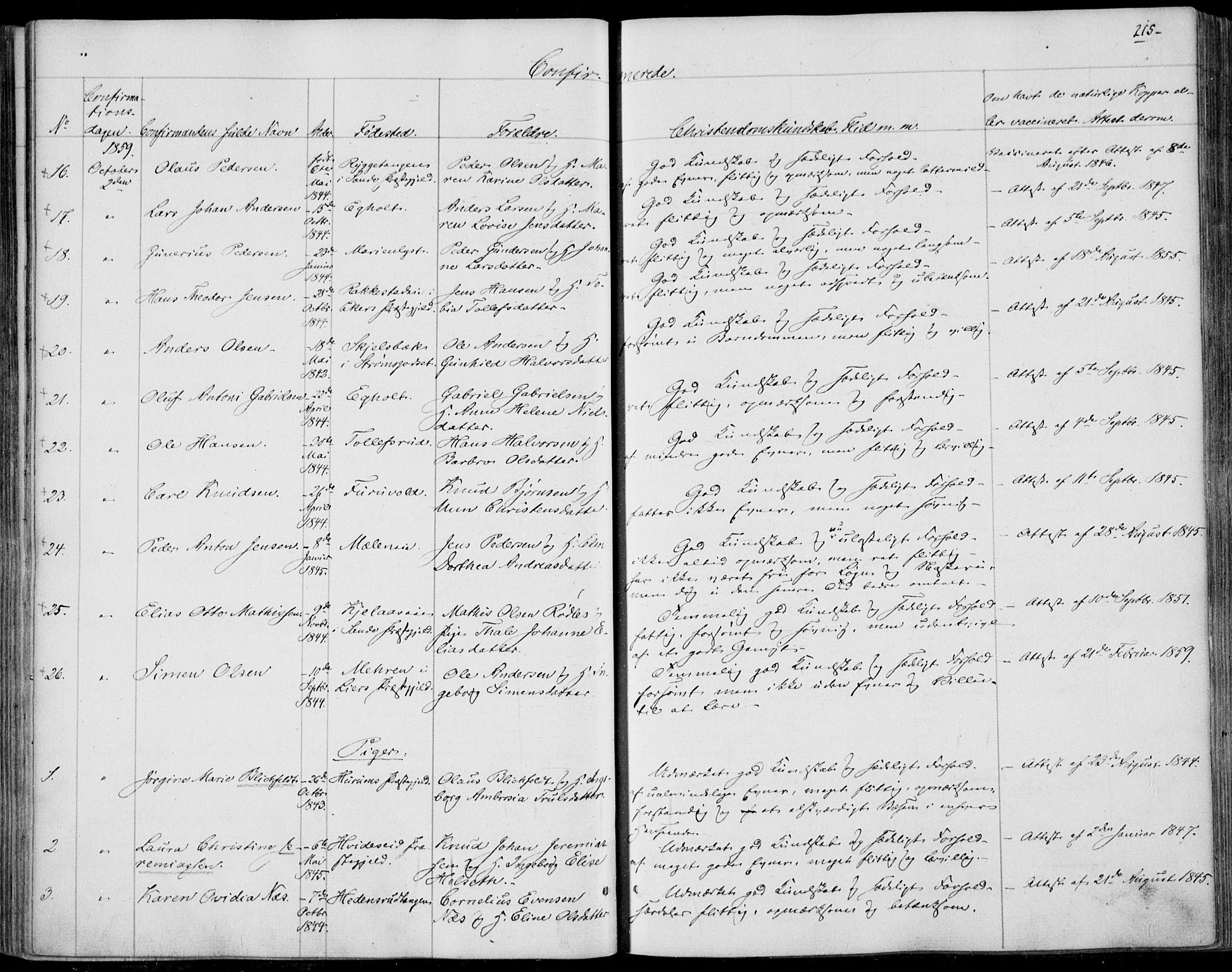 Skoger kirkebøker, AV/SAKO-A-59/F/Fa/L0003: Parish register (official) no. I 3, 1842-1861, p. 215