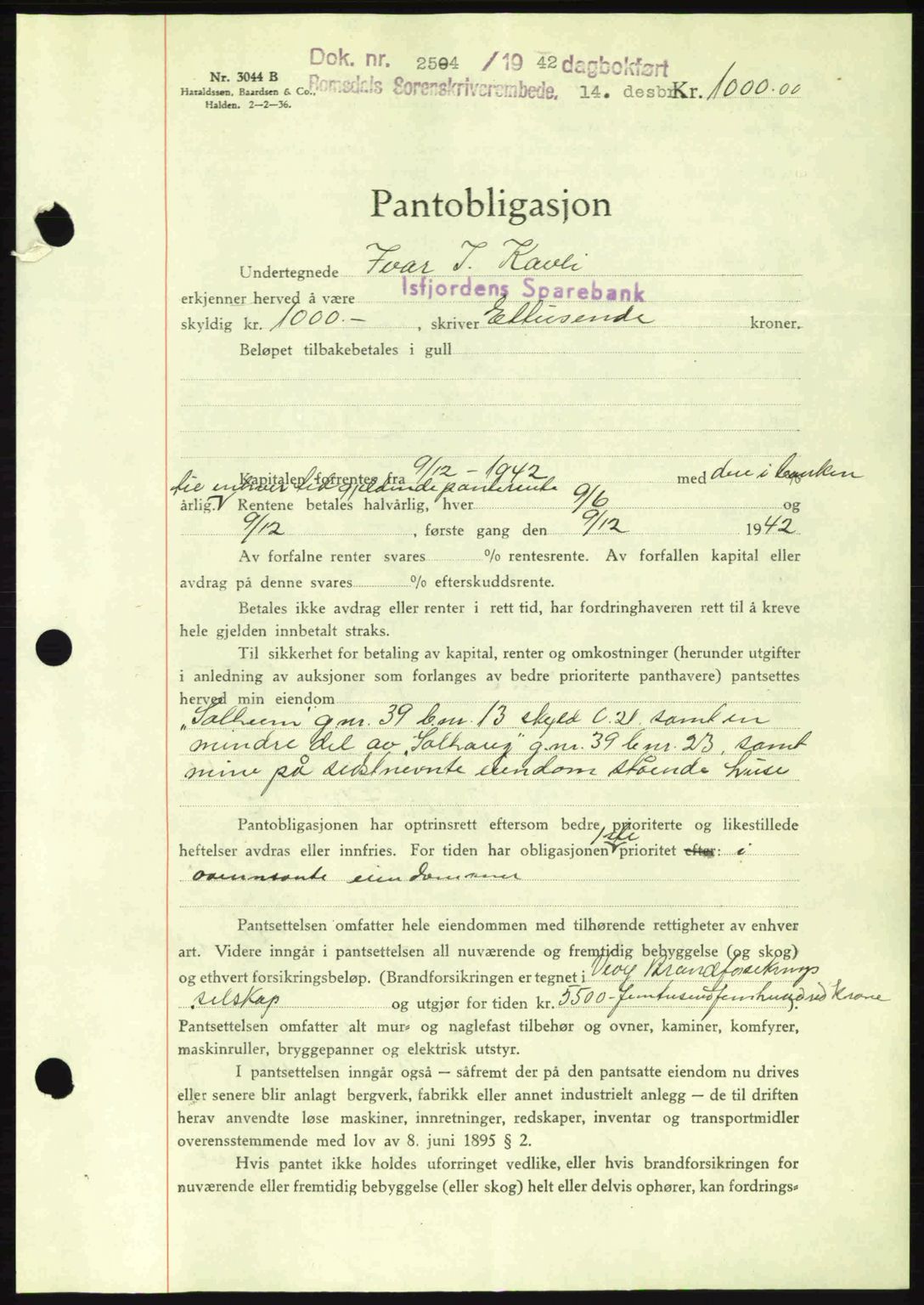 Romsdal sorenskriveri, AV/SAT-A-4149/1/2/2C: Mortgage book no. B2, 1939-1945, Diary no: : 2504/1942