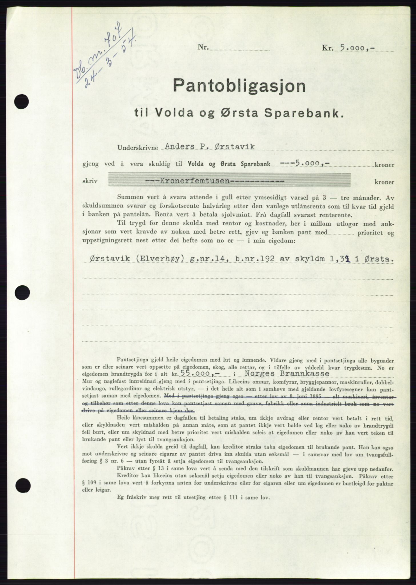 Søre Sunnmøre sorenskriveri, AV/SAT-A-4122/1/2/2C/L0124: Mortgage book no. 12B, 1953-1954, Diary no: : 707/1954