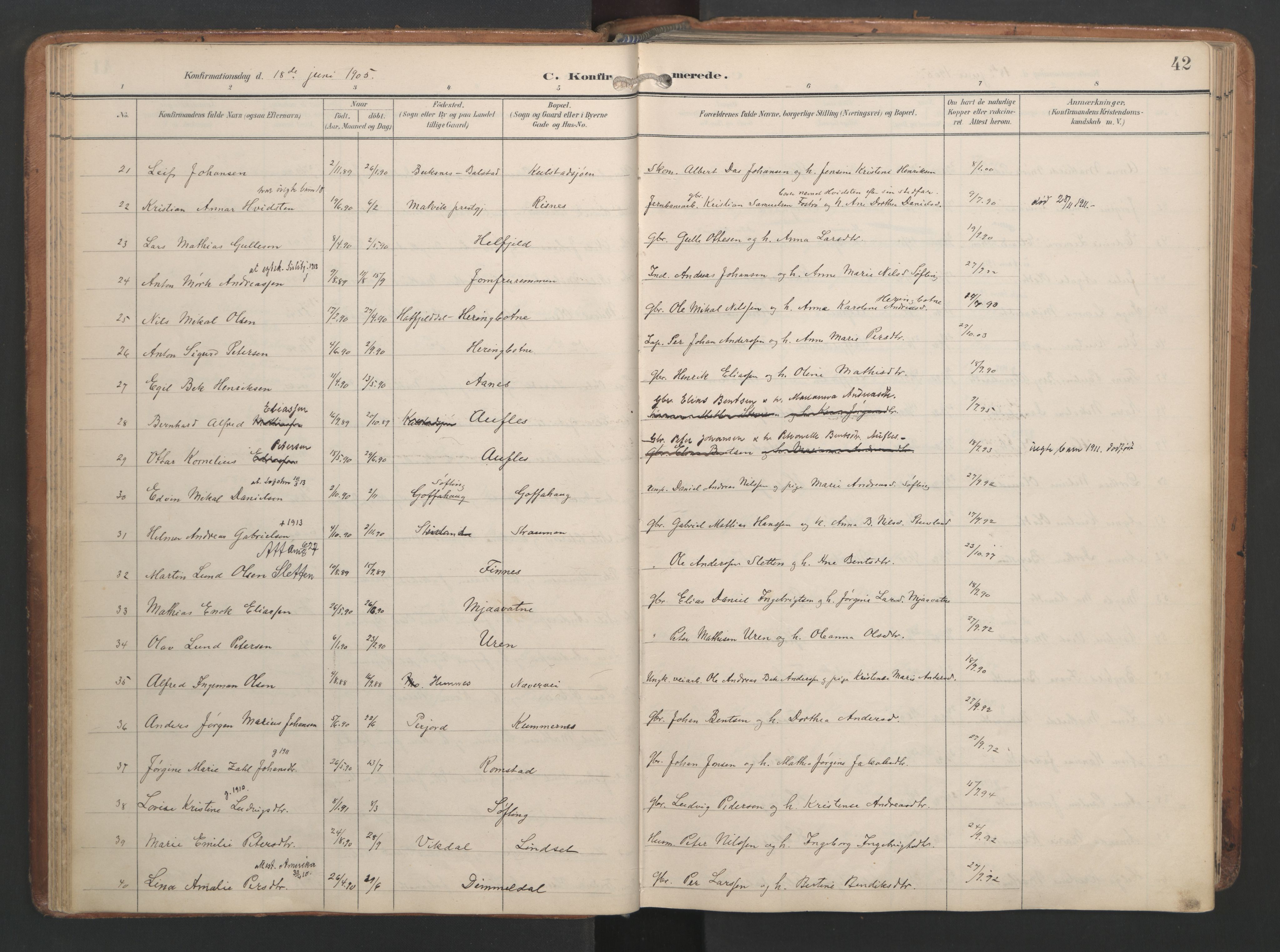 Ministerialprotokoller, klokkerbøker og fødselsregistre - Nordland, AV/SAT-A-1459/820/L0298: Parish register (official) no. 820A19, 1897-1915, p. 42