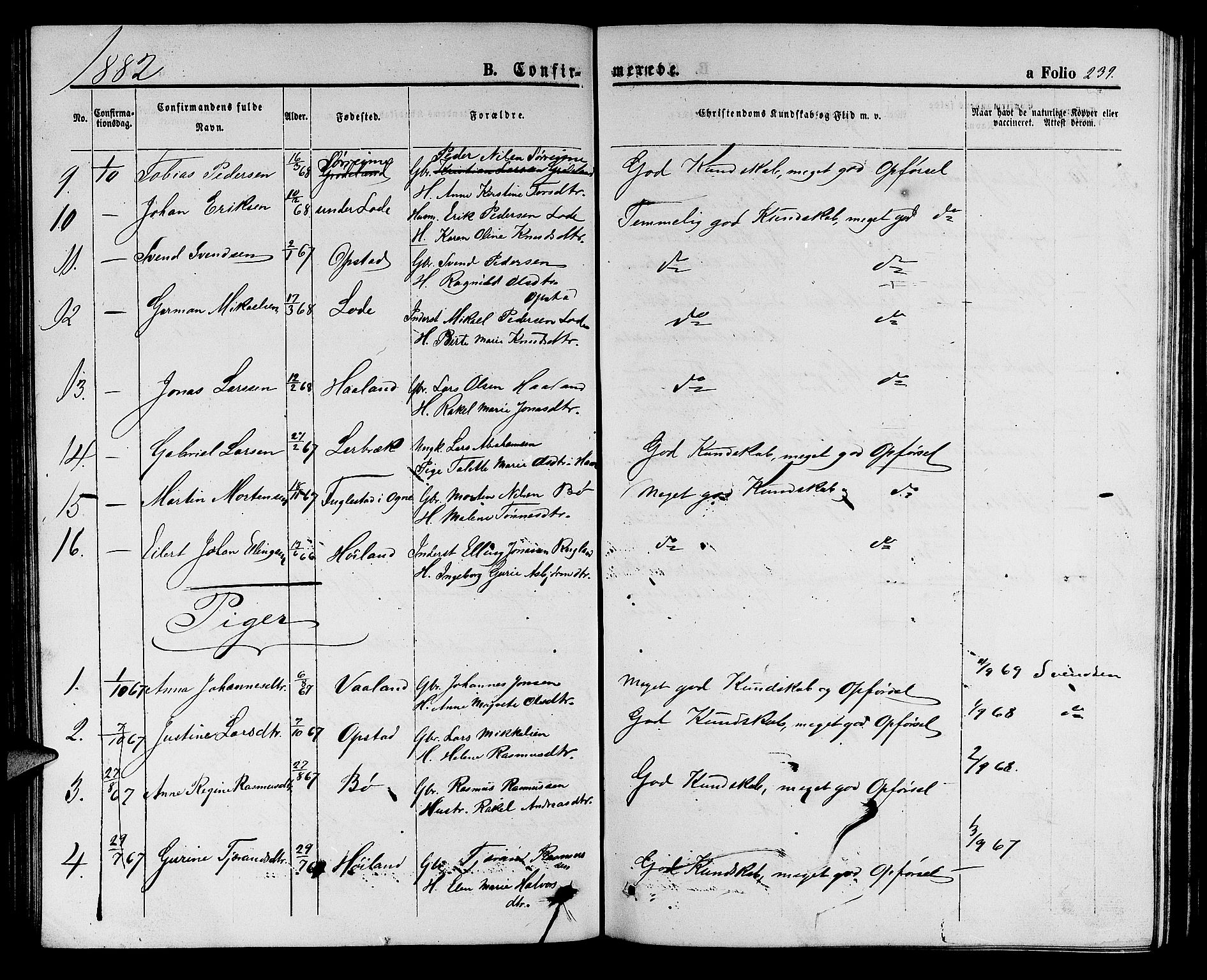 Hå sokneprestkontor, SAST/A-101801/001/30BB/L0001: Parish register (copy) no. B 1, 1854-1883, p. 239