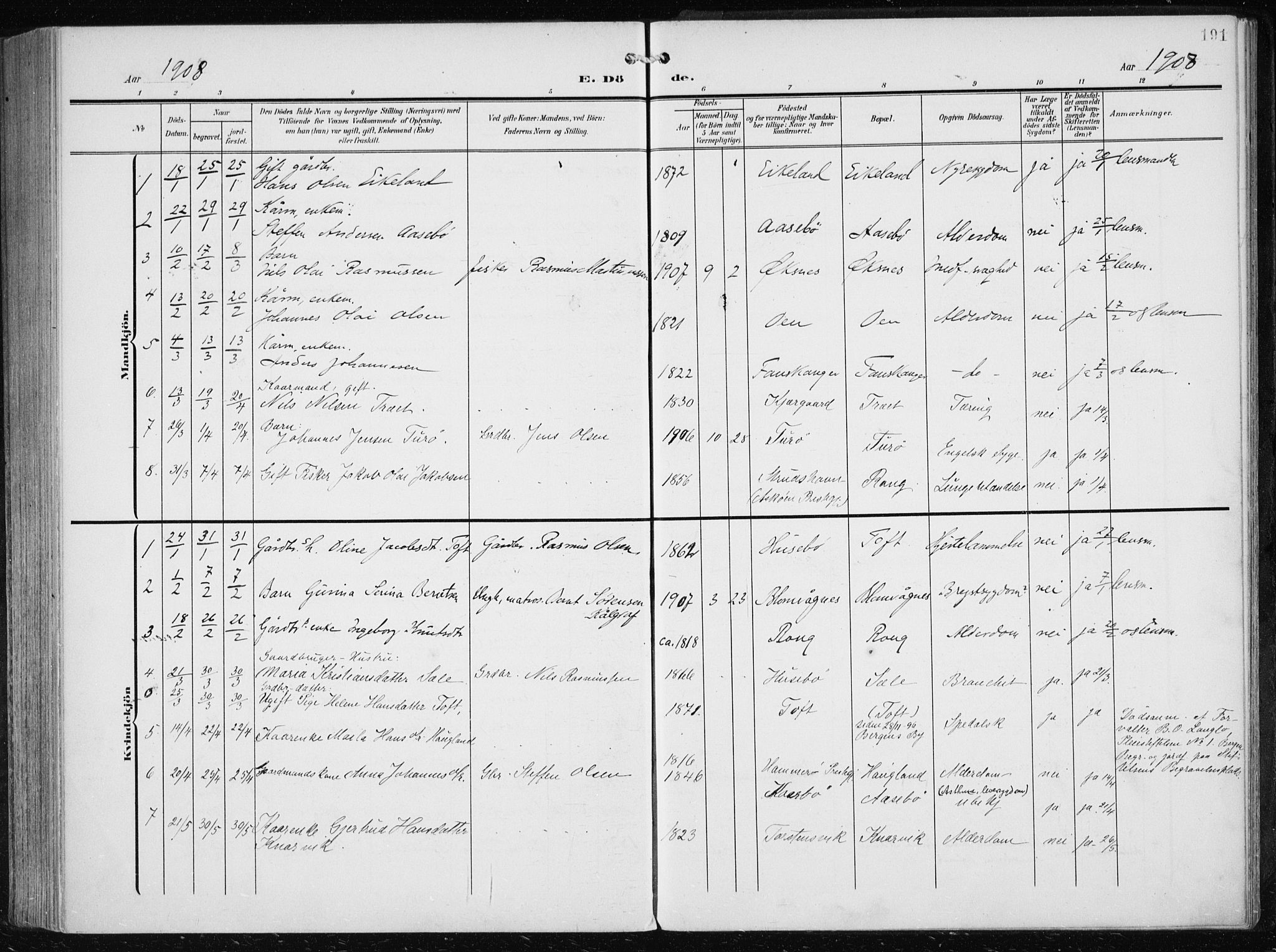 Herdla Sokneprestembete, SAB/A-75701/H/Haa: Parish register (official) no. A 5, 1905-1918, p. 191