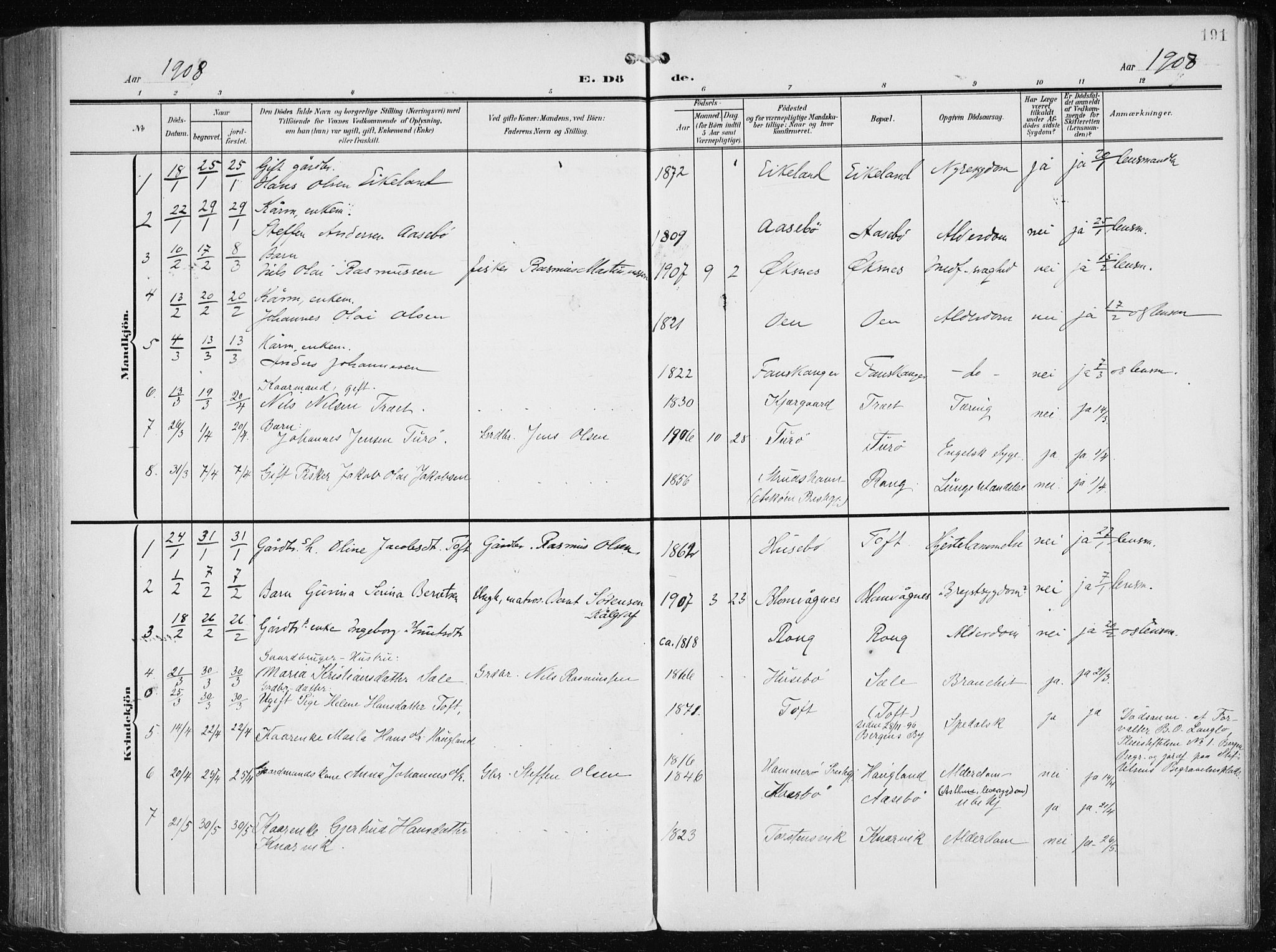 Herdla Sokneprestembete, AV/SAB-A-75701/H/Haa: Parish register (official) no. A 5, 1905-1918, p. 191