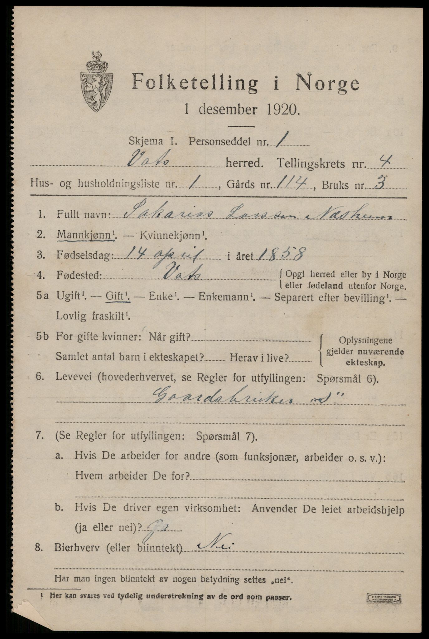 SAST, 1920 census for Vats, 1920, p. 1445