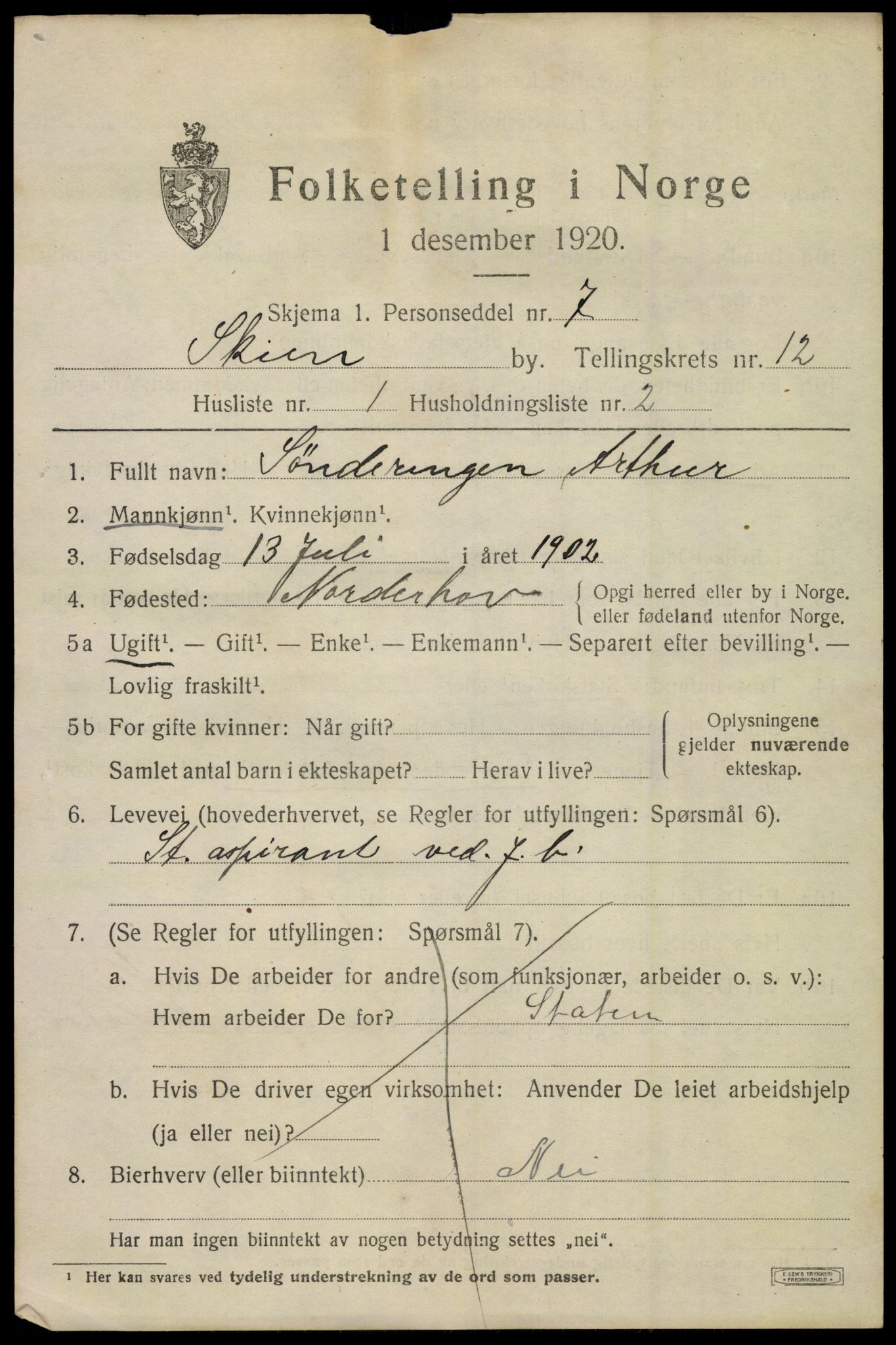 SAKO, 1920 census for Skien, 1920, p. 37324