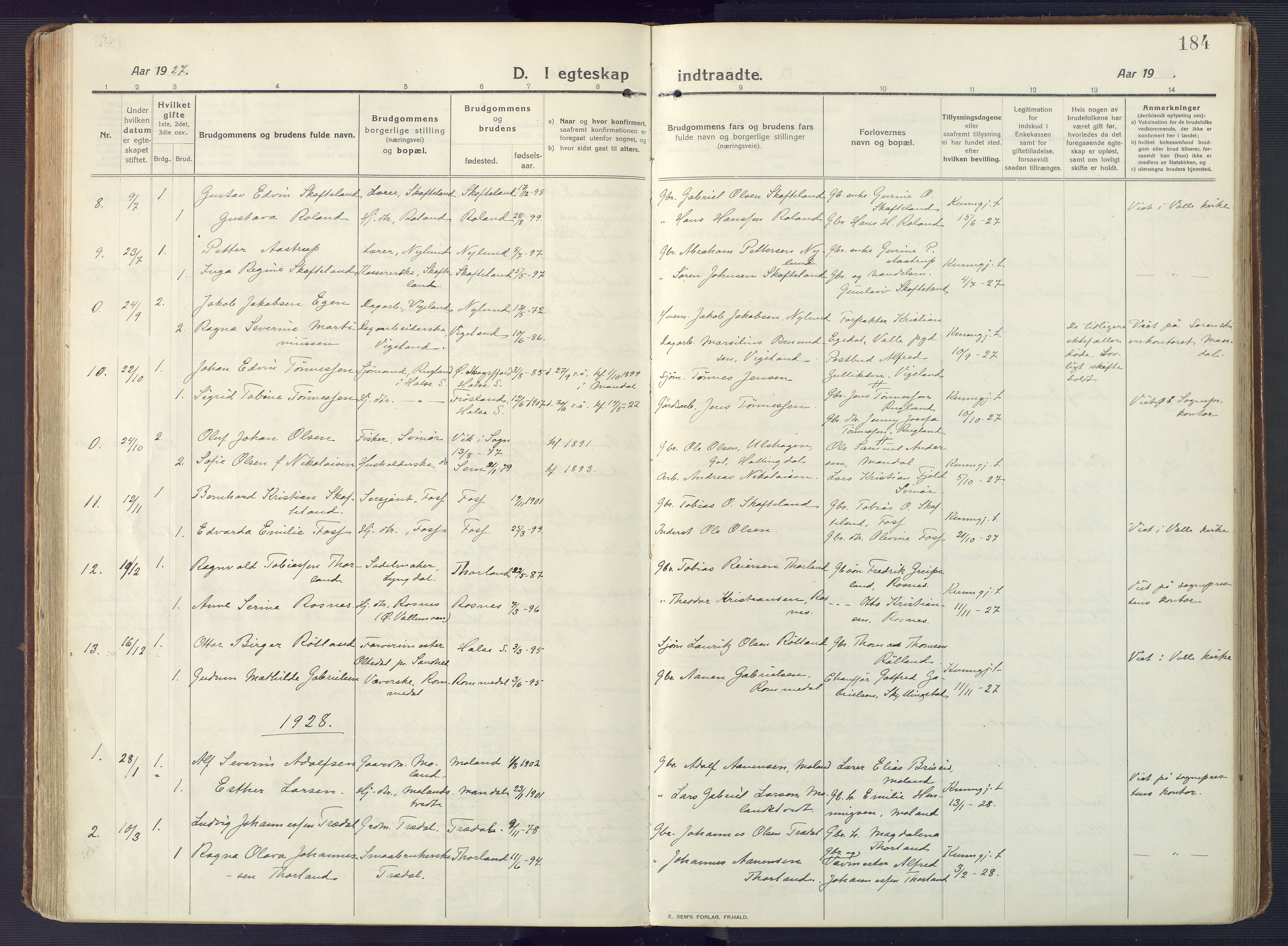 Sør-Audnedal sokneprestkontor, AV/SAK-1111-0039/F/Fa/Fab/L0011: Parish register (official) no. A 11, 1912-1938, p. 184