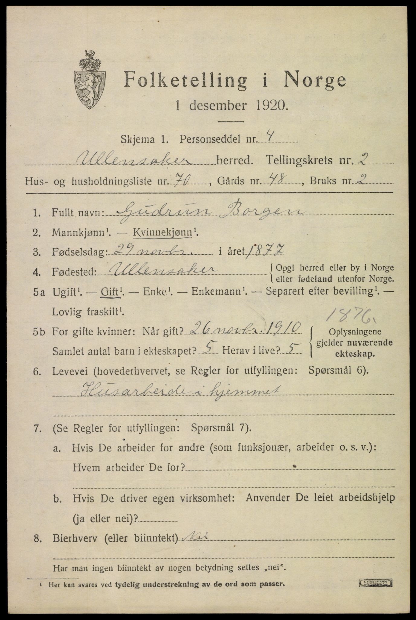 SAO, 1920 census for Ullensaker, 1920, p. 5509