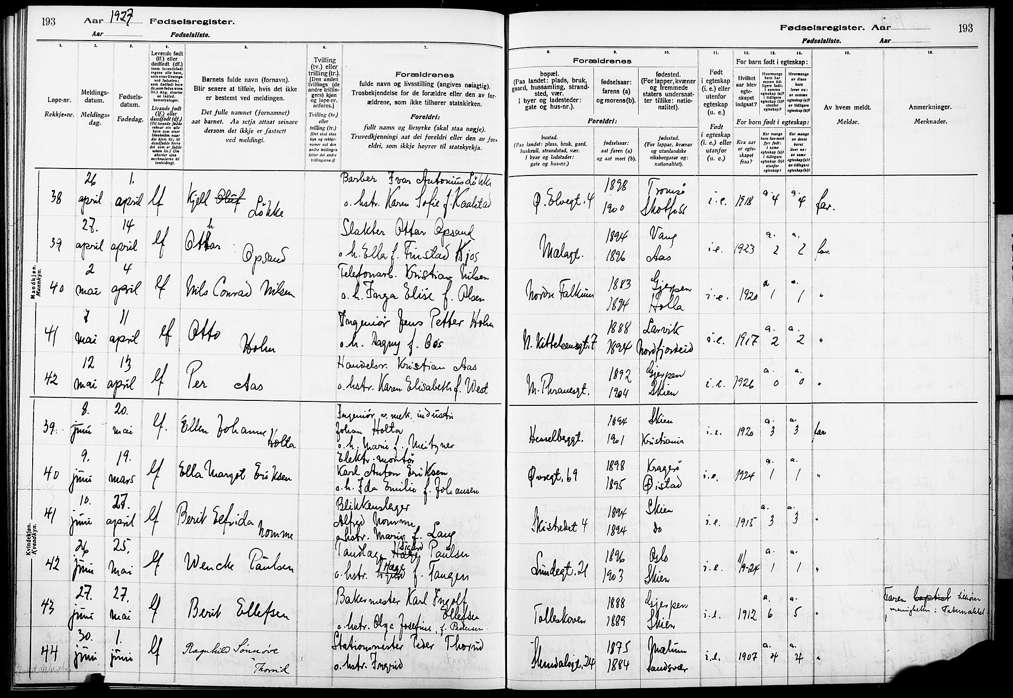 Skien kirkebøker, AV/SAKO-A-302/J/Ja/L0002: Birth register no. 2, 1921-1927, p. 193