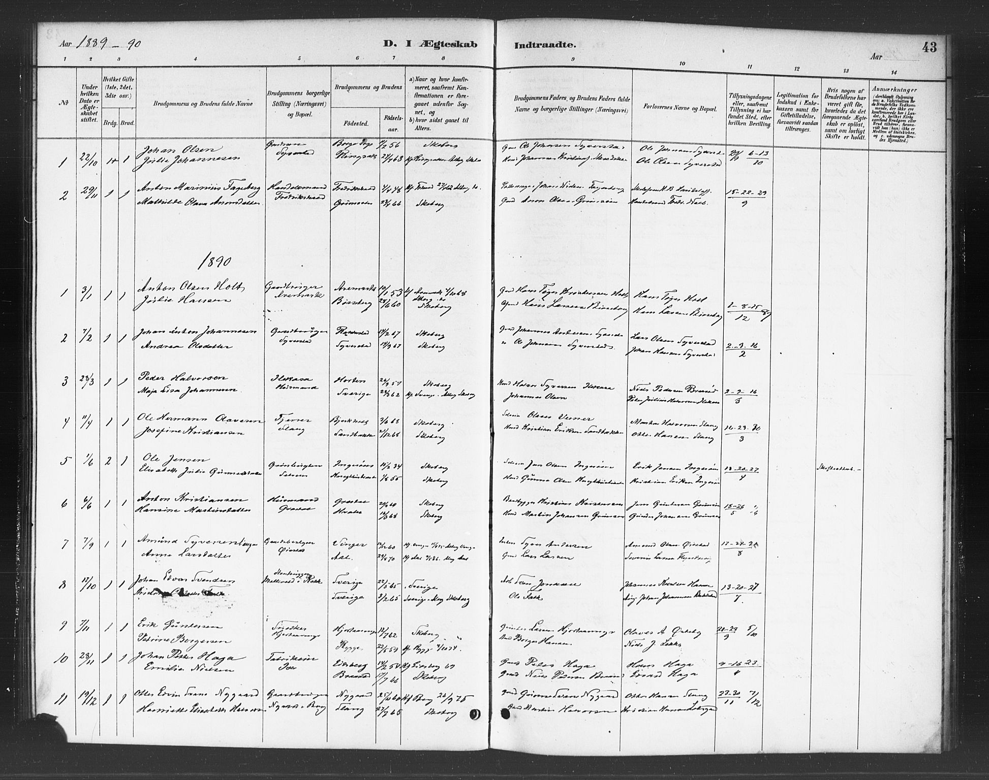 Skjeberg prestekontor Kirkebøker, SAO/A-10923/F/Fc/L0001: Parish register (official) no. III 1, 1886-1897, p. 43