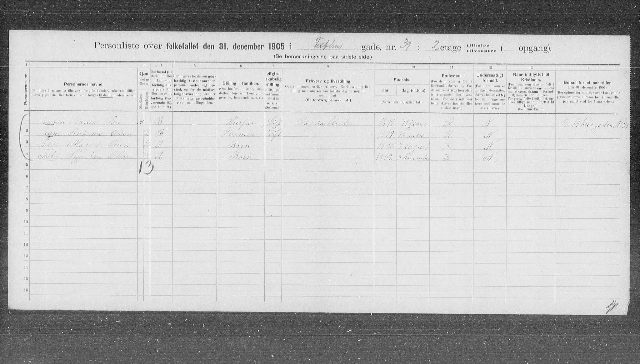 OBA, Municipal Census 1905 for Kristiania, 1905, p. 56249