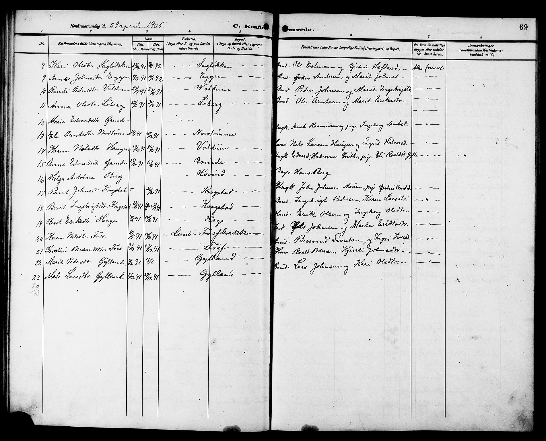 Ministerialprotokoller, klokkerbøker og fødselsregistre - Sør-Trøndelag, SAT/A-1456/692/L1112: Parish register (copy) no. 692C07, 1904-1918, p. 69