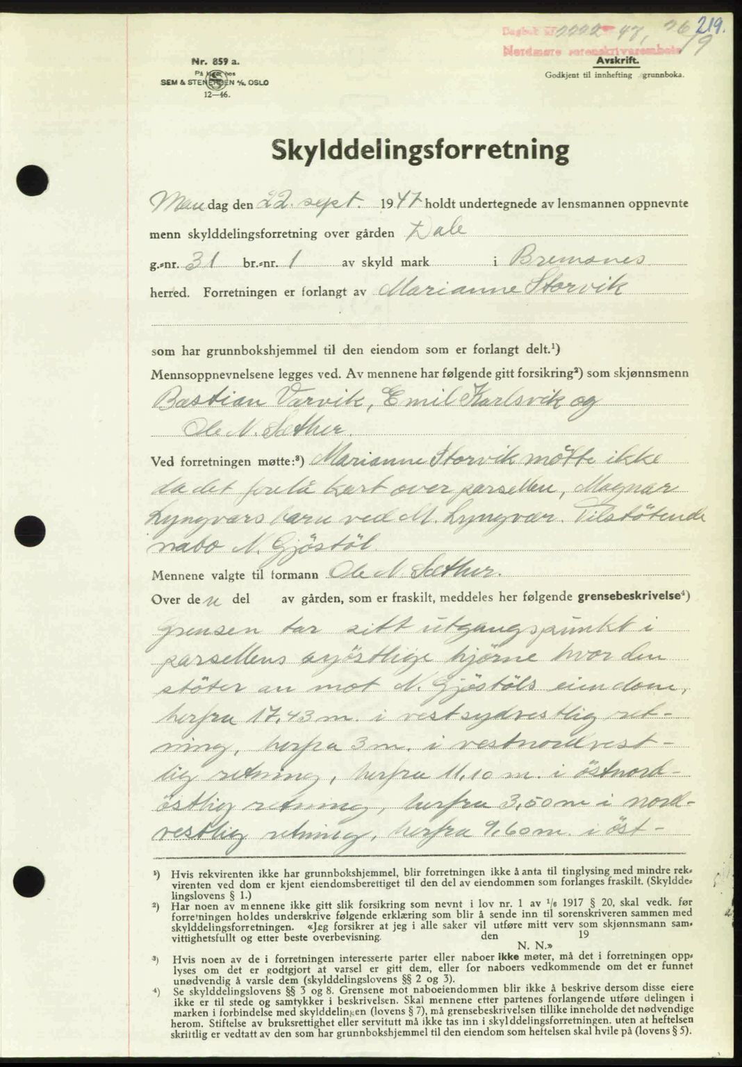 Nordmøre sorenskriveri, AV/SAT-A-4132/1/2/2Ca: Mortgage book no. A106, 1947-1947, Diary no: : 2222/1947