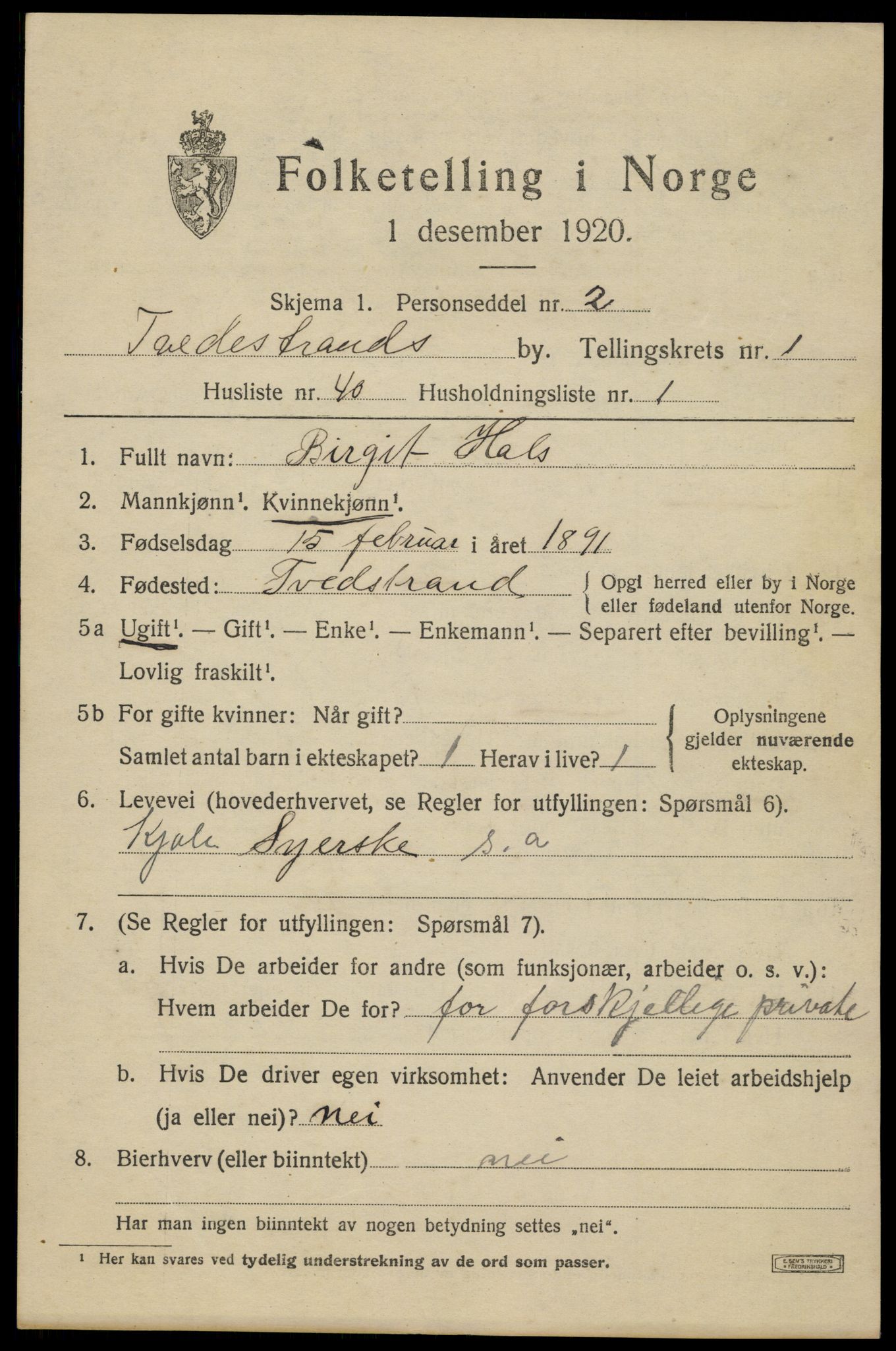 SAK, 1920 census for Tvedestrand, 1920, p. 1721