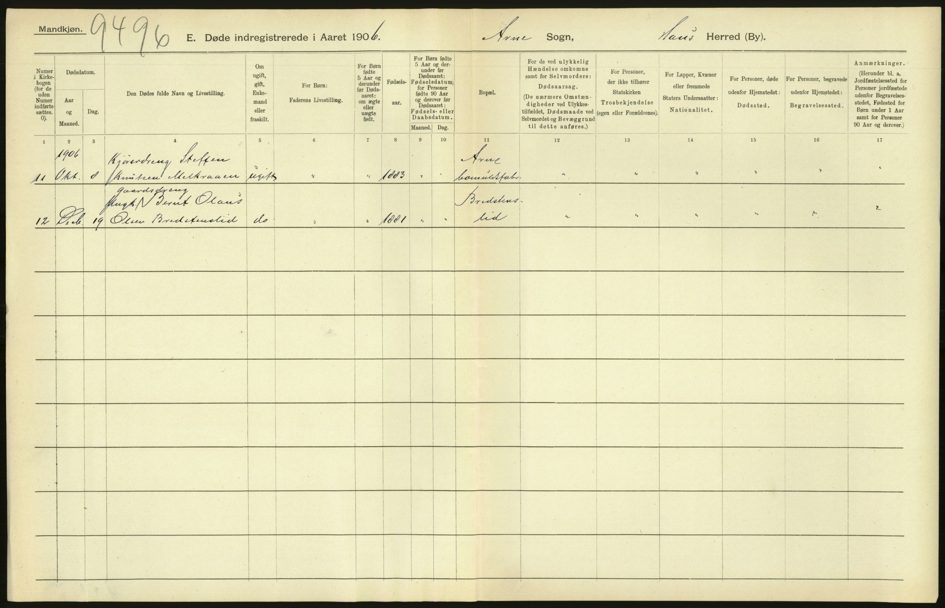 Statistisk sentralbyrå, Sosiodemografiske emner, Befolkning, AV/RA-S-2228/D/Df/Dfa/Dfad/L0030: S. Bergenhus amt: Døde. Bygder., 1906, p. 132