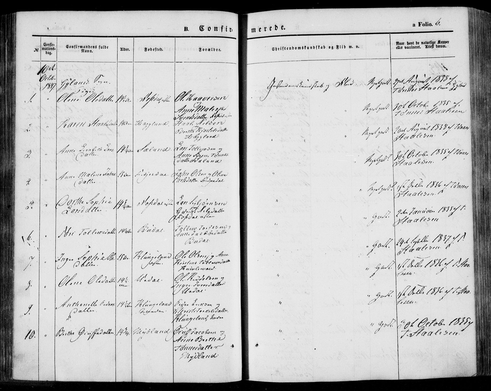 Bakke sokneprestkontor, AV/SAK-1111-0002/F/Fa/Faa/L0005: Parish register (official) no. A 5, 1847-1855, p. 6