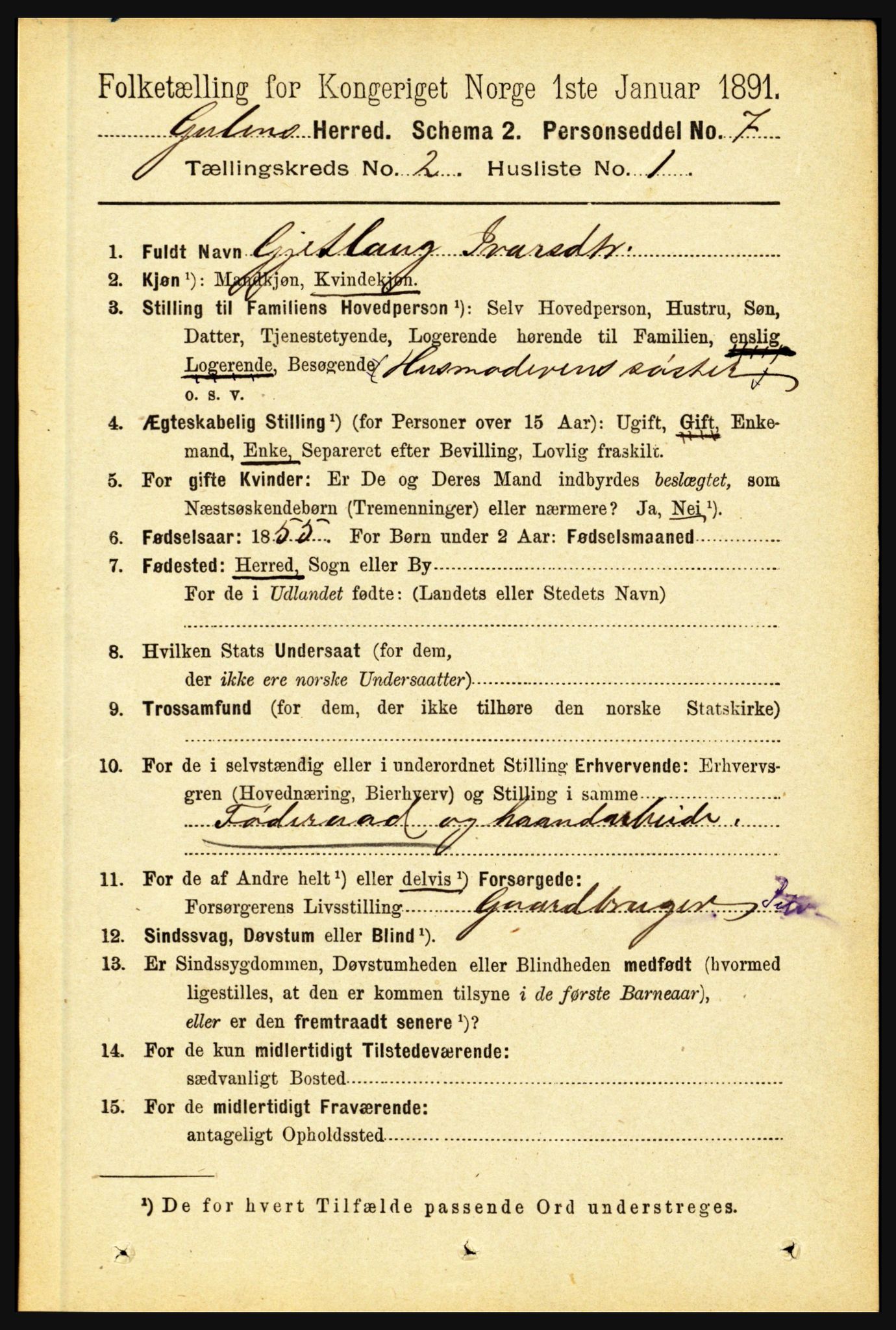 RA, 1891 census for 1411 Gulen, 1891, p. 498