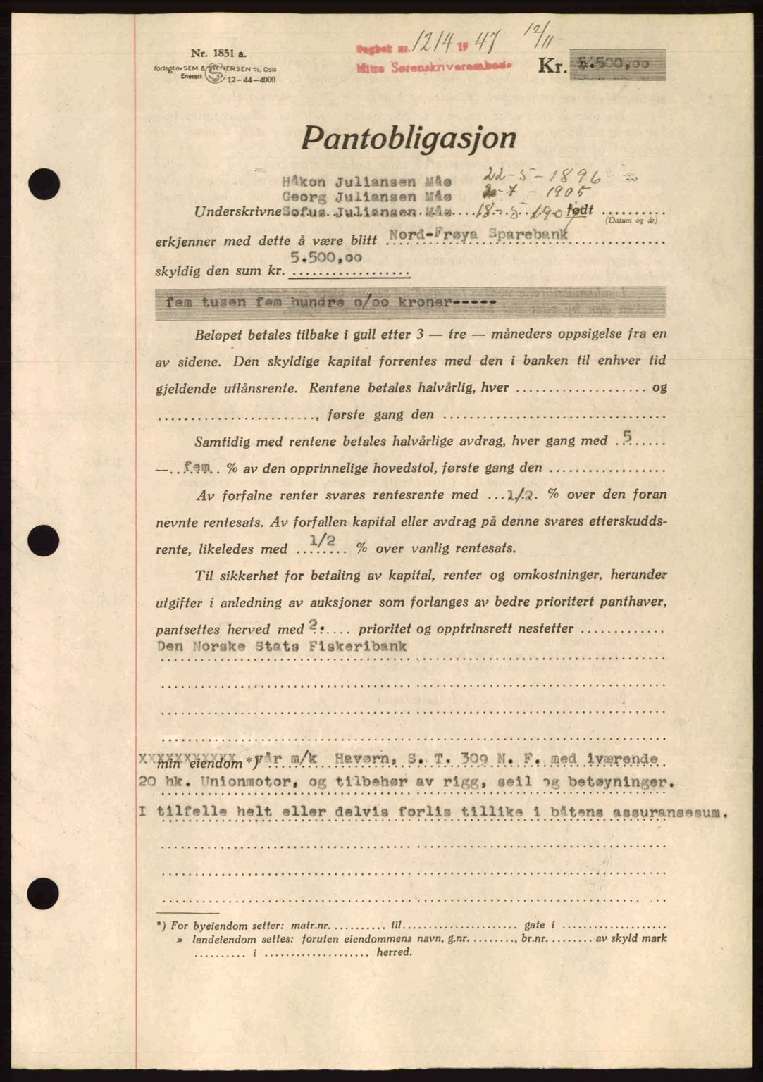 Hitra sorenskriveri, AV/SAT-A-0018/2/2C/2Ca: Mortgage book no. B1, 1939-1949, Diary no: : 1214/1947