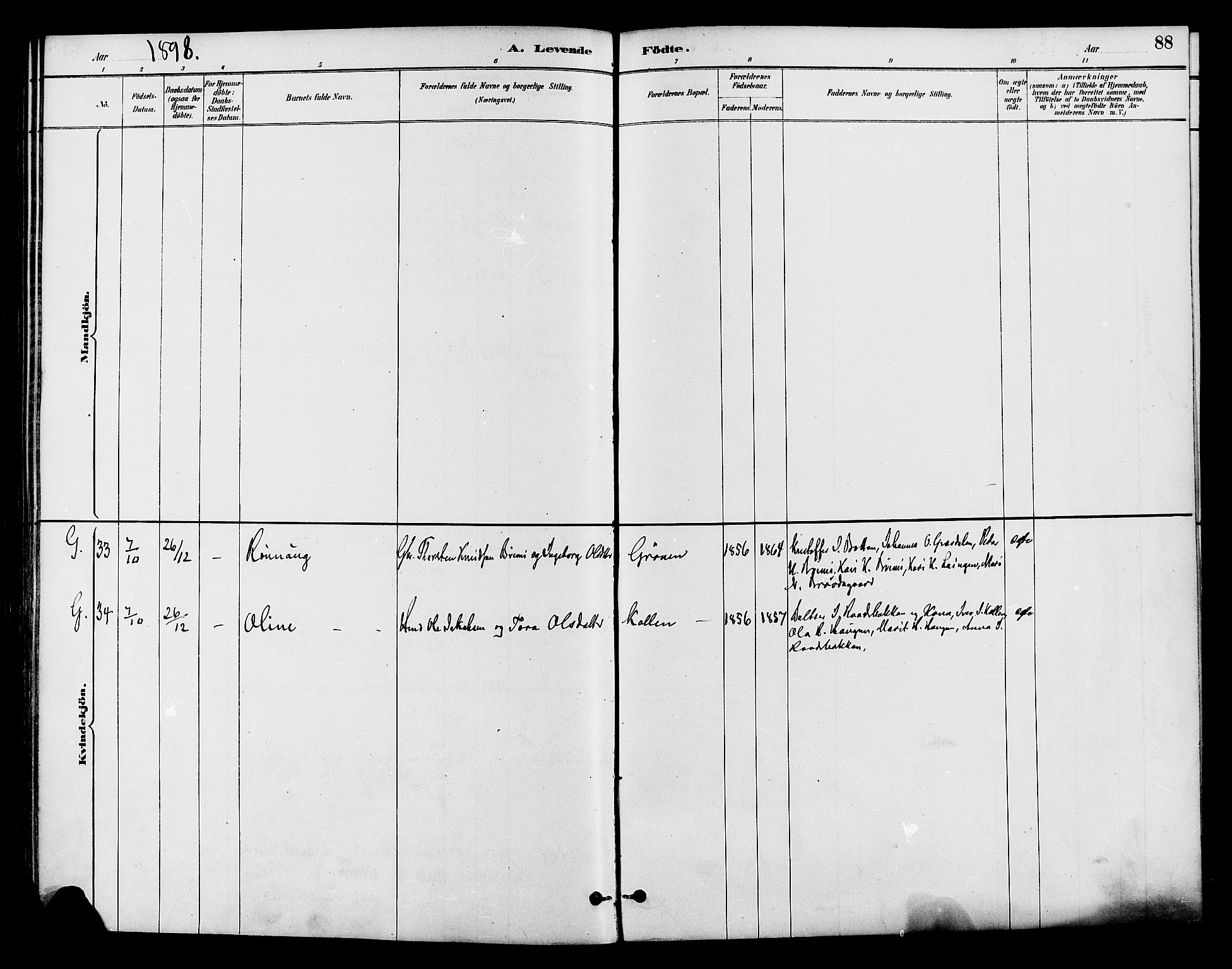 Lom prestekontor, SAH/PREST-070/K/L0008: Parish register (official) no. 8, 1885-1898, p. 88