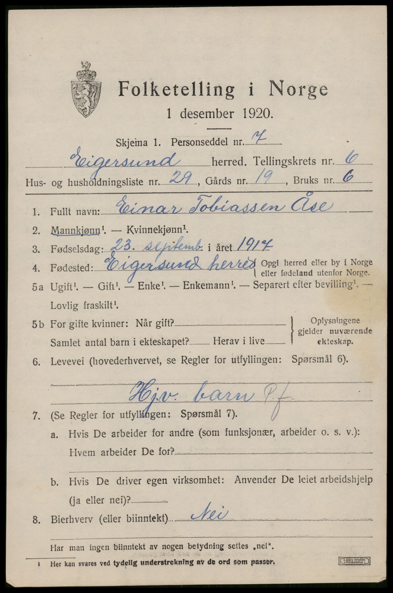 SAST, 1920 census for Eigersund, 1920, p. 4217