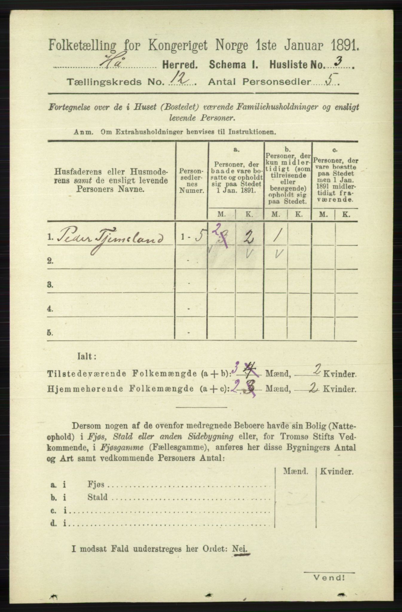 RA, 1891 census for 1119 Hå, 1891, p. 2843