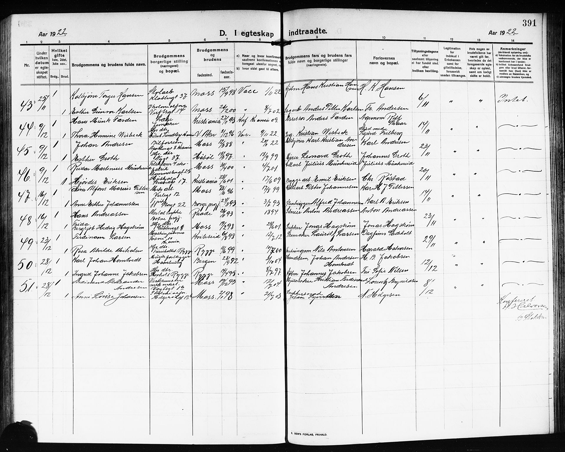 Moss prestekontor Kirkebøker, AV/SAO-A-2003/G/Ga/L0008: Parish register (copy) no. I 8, 1913-1923, p. 391