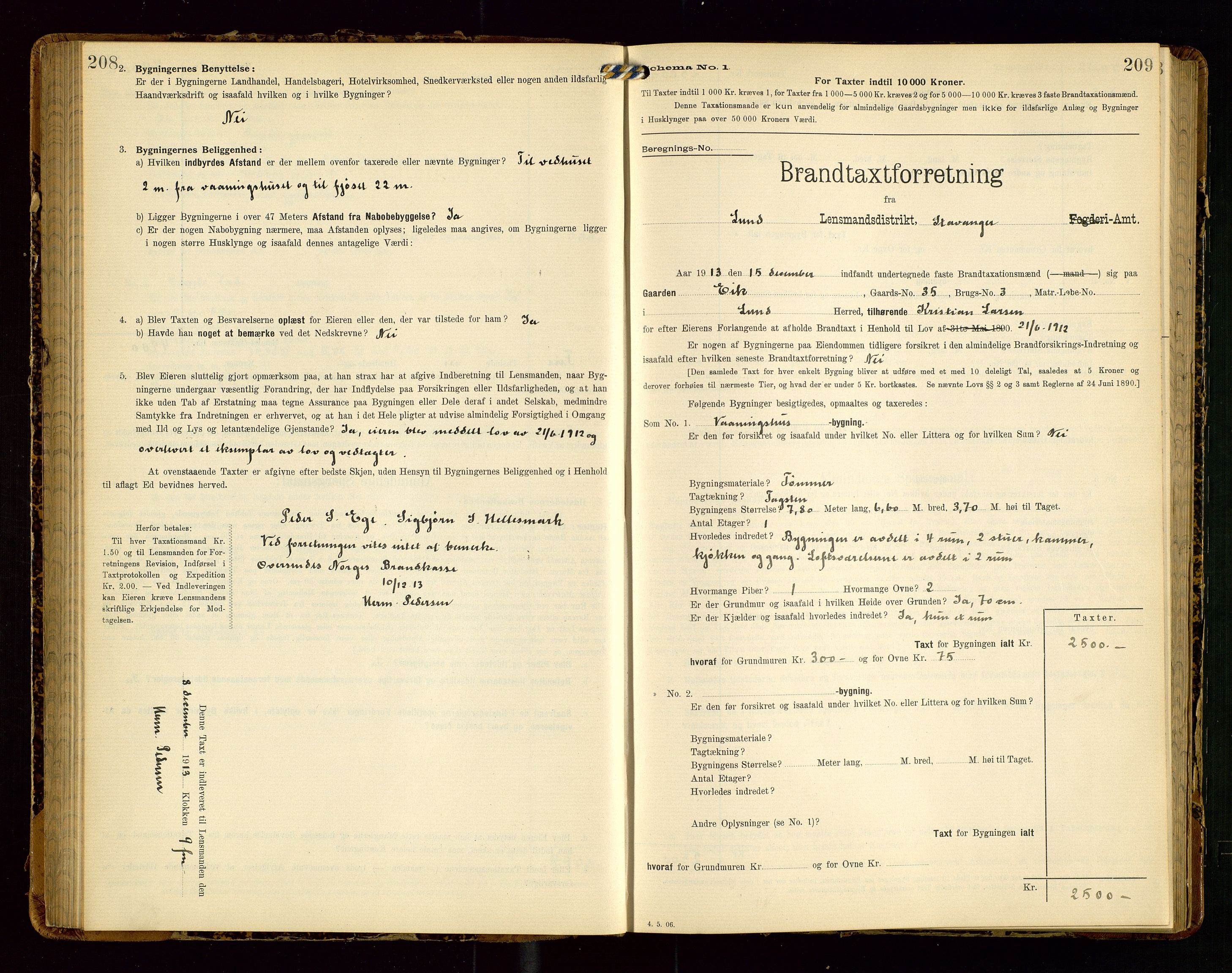 Lund lensmannskontor, AV/SAST-A-100303/Gob/L0002: "Brandtakstprotokol", 1908-1918, p. 208-209