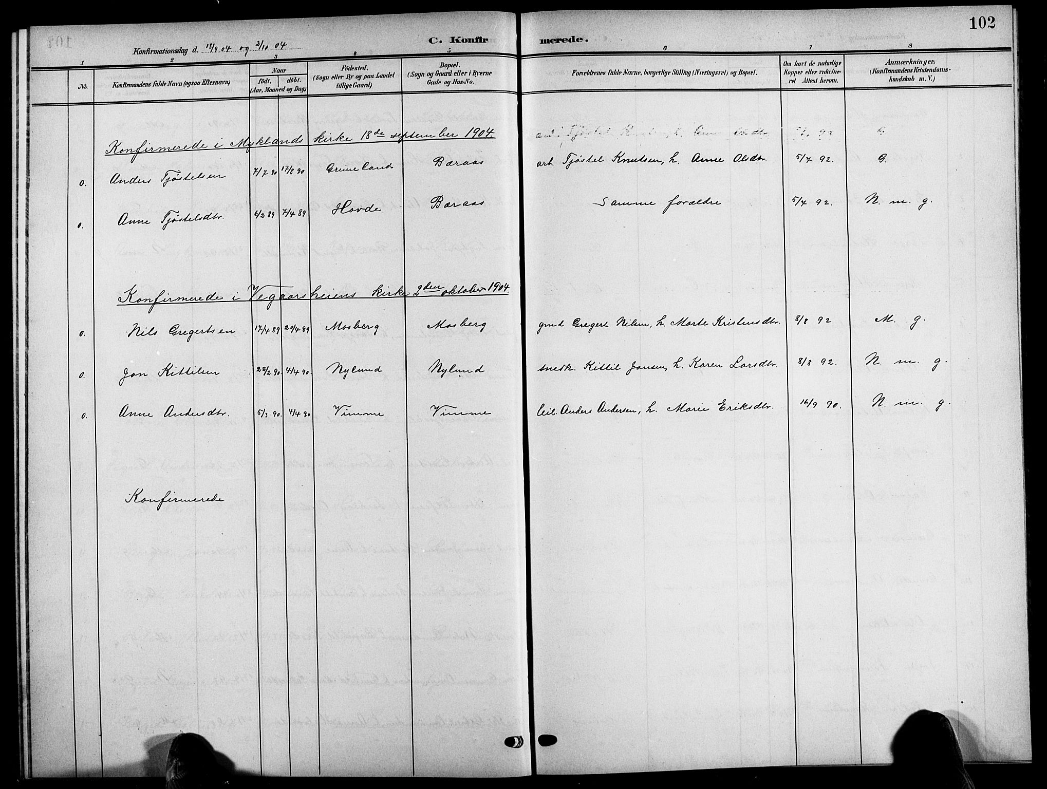 Åmli sokneprestkontor, SAK/1111-0050/F/Fb/Fbc/L0005: Parish register (copy) no. B 5, 1903-1916, p. 102