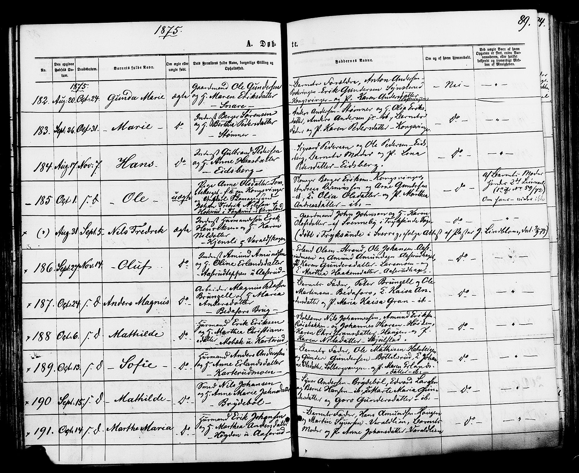 Vinger prestekontor, AV/SAH-PREST-024/H/Ha/Haa/L0012: Parish register (official) no. 12, 1871-1880, p. 89